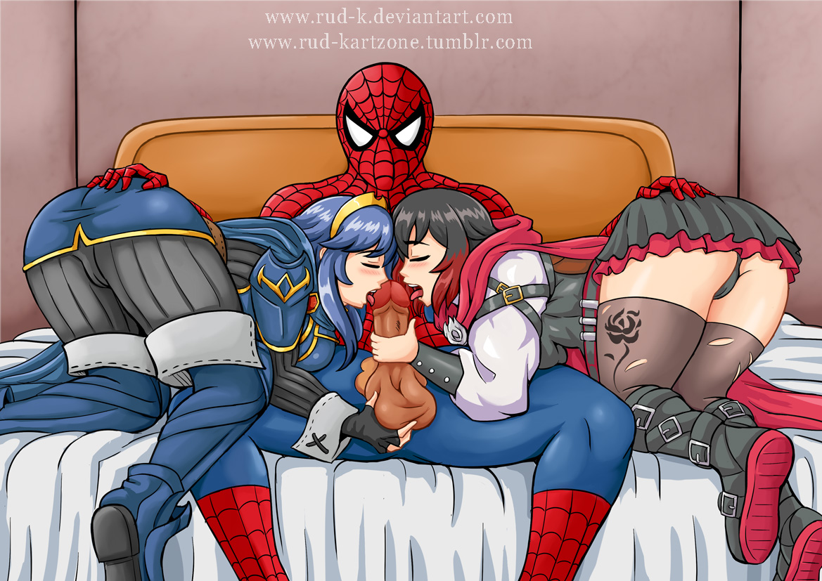 1boy, 2girls, all fours, armor, ass, ass grab, balls, bed, black hair, blue hair, blush, bodysuit, boots, breast press, breasts, cameltoe, cape, collaborative fellatio, crossover, eastern and western character, fellatio, female, fire emblem, fire emblem awakening, gradient hair, long hair, lucina (fire emblem), male, marvel, marvel comics, multicolored hair, multiple females, multiple girls, open mouth, oral, panties, pants, pantyshot, penis, peter parker, pussy, red cape, red hair, ruby rose, rud-k, rwby, shiny, shiny clothes, shiny hair, shiny skin, short hair, sideboob, skirt, spider-man, spider-man (series), straight hair, teamwork, testicles, thigh boots, thighhighs, uncensored