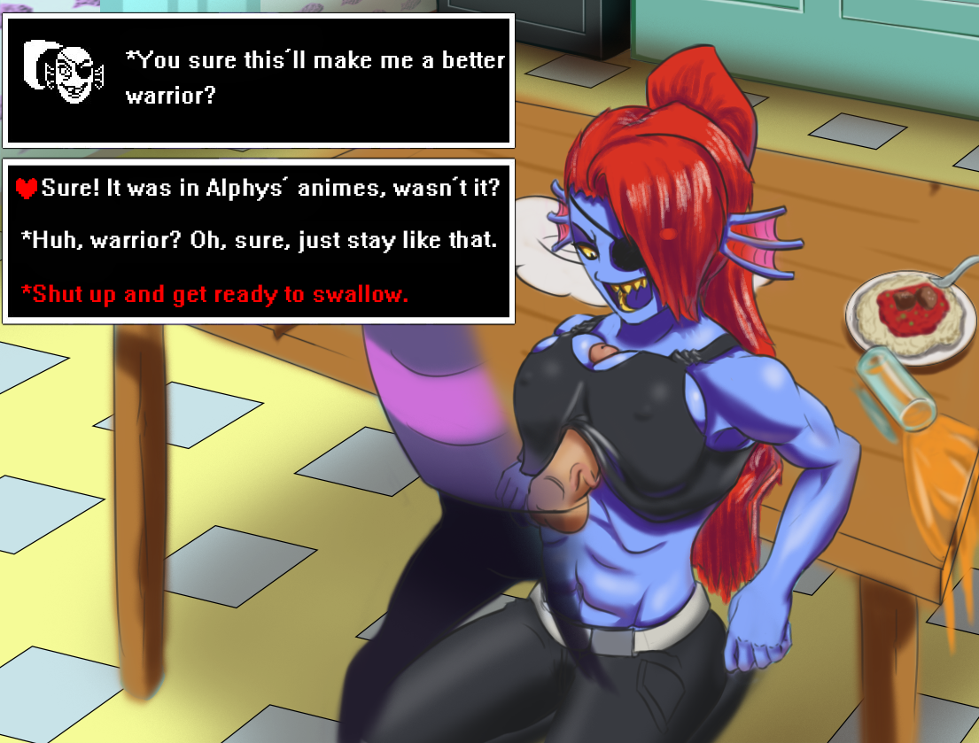1girls, abs, alternate breast size, balls, big breasts, boxman, breasts, female, frisk, gullible, large breasts, male, nipples, paizuri, penis, sexually ignorant, straight, tricked, tricked into paizuri, undertale, undyne