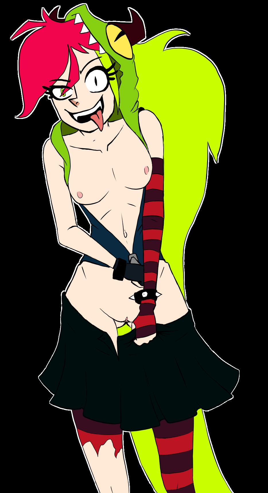 1girls bare_shoulders belly black_background black_eyes bracelet breasts breasts_out cartoon_network clothes cock-atrice demencia_(villainous) eyelashes fangs female female_only fingerless_gloves gloves green_eyes green_hair heterochromia hoodie large_breasts long_hair looking_at_viewer navel nipples open_mouth pale_skin pantyhose presenting pussy red_hair shirt skirt small_breasts smile spikes standing striped_legwear stripping teeth thigh_gap tights tongue tongue_out torn_clothes tumblr two_tone_hair undressing villainous white_border zipper