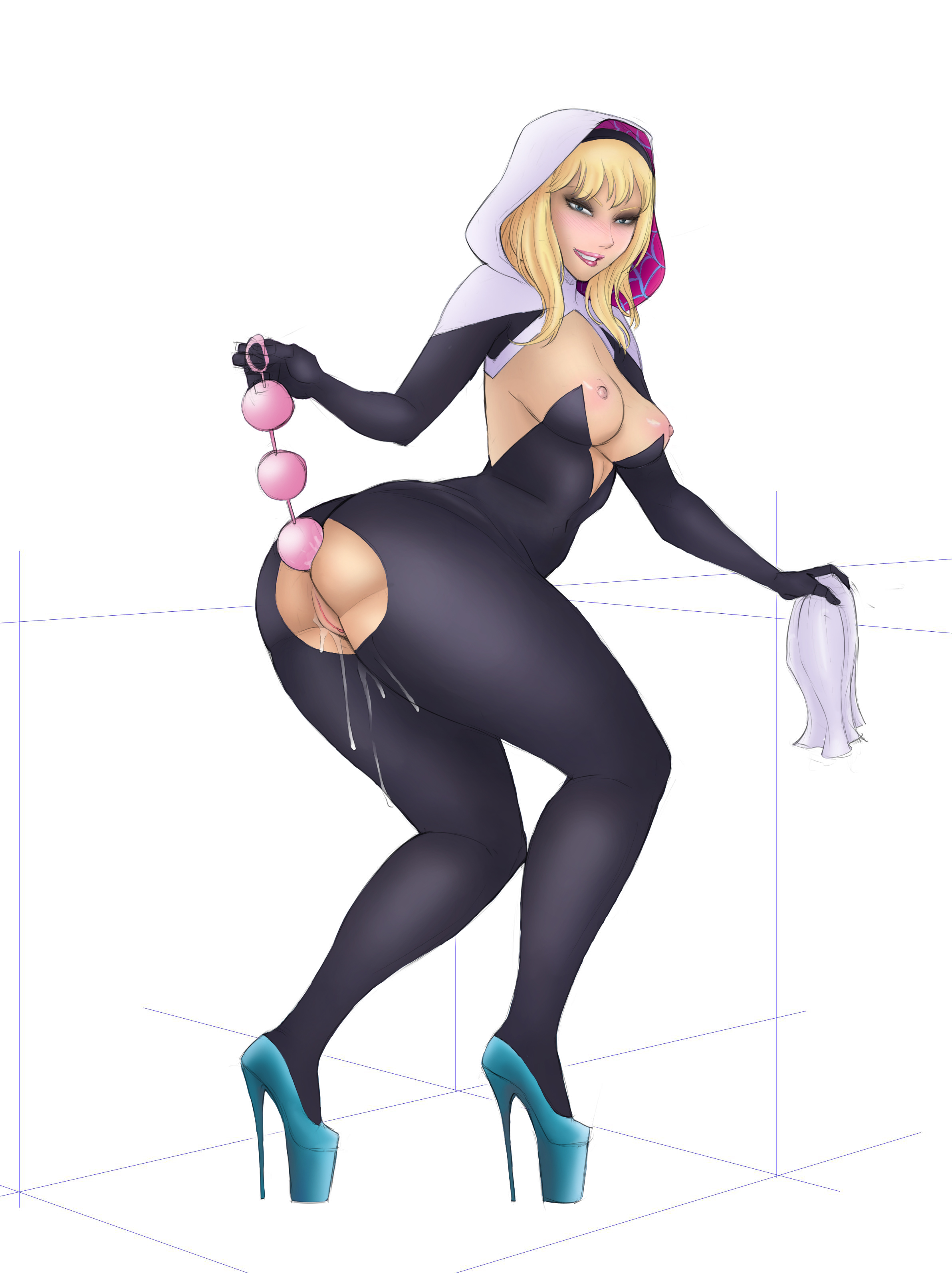 1girls, anal beads, areola, ass, beads, bimbo, blonde hair, breasts, busty, cleavage, edit, edited, eyeshadow, female, female only, gwen stacy, hairband, high heels, legoman, lipstick, makeup, marvel, marvel comics, misusage, nipples, platform heels, pussy, sex toy, solo, spider-gwen, spider-man (series), stiletto heels, vagina, very high heels, voluptuous