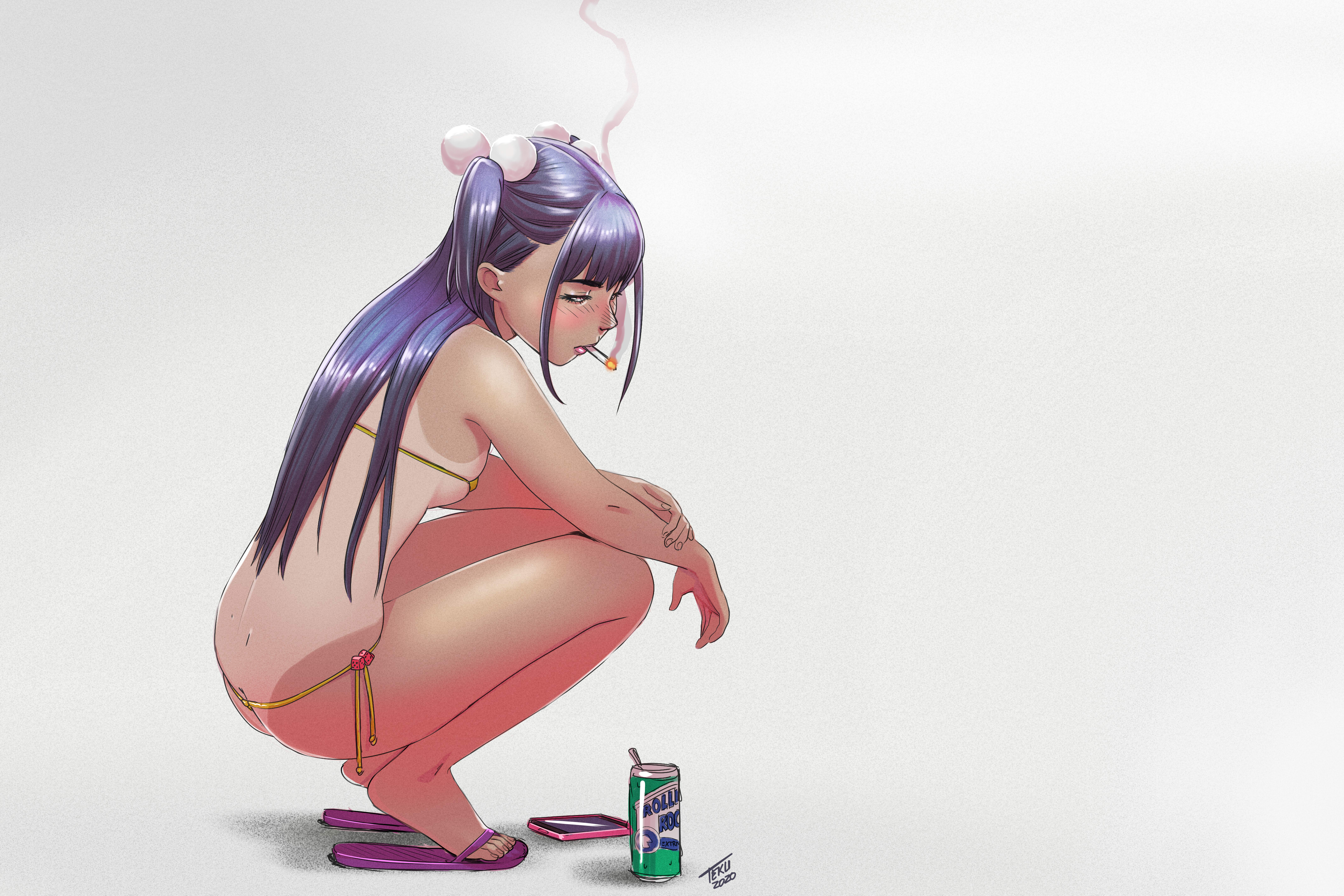 bikini, blue hair, blush, micro bikini, open toe shoes, rolling roco, slippers, smartphone, smoking, solo, tagme, tanline, teenager, tekuho