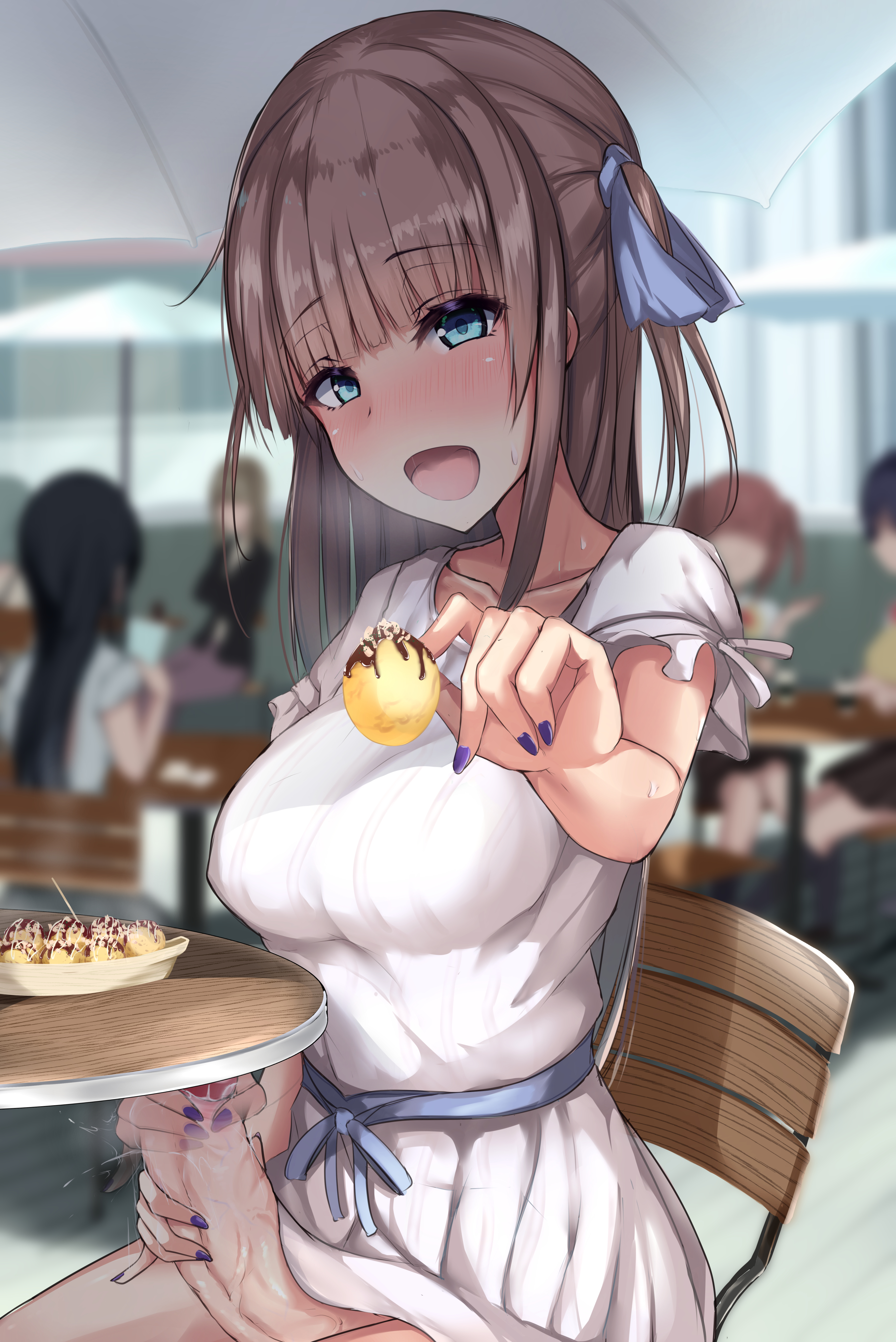 1futa, akiamare, blue eyes, blush, breasts, brown hair, clothed, clothed masturbation, clothing, cum, cum drip, cum on food, cumshot, curvy, dress, ejaculation, erection, erection under clothes, erection under skirt, food, futa only, futanari, horny, intersex, large breasts, long hair, looking at viewer, masturbation, nail polish, no panties, penis, penis grab, penis out, penis under clothes, penis under skirt, public, public masturbation, sitting, skirt, skirt lift, smile, solo, solo futa, stealth masturbation, straight hair, veiny penis
