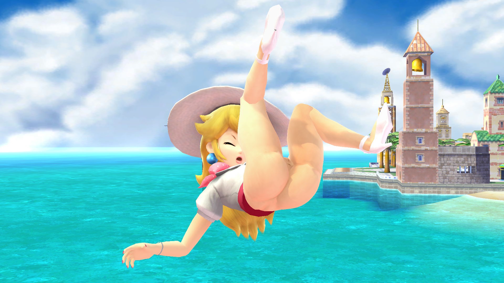 1girls, accidental exposure, anus, ass, bare ass, bottomless, crotch, embarrassed, exposed anus, exposed ass, exposed pussy, female, genitals, half-dressed, humiliation, mario (series), mod, nintendo, no panties, princess peach, pussy, shaved pussy, super mario odyssey, super smash bros., thighs, vagina, video games, vulva