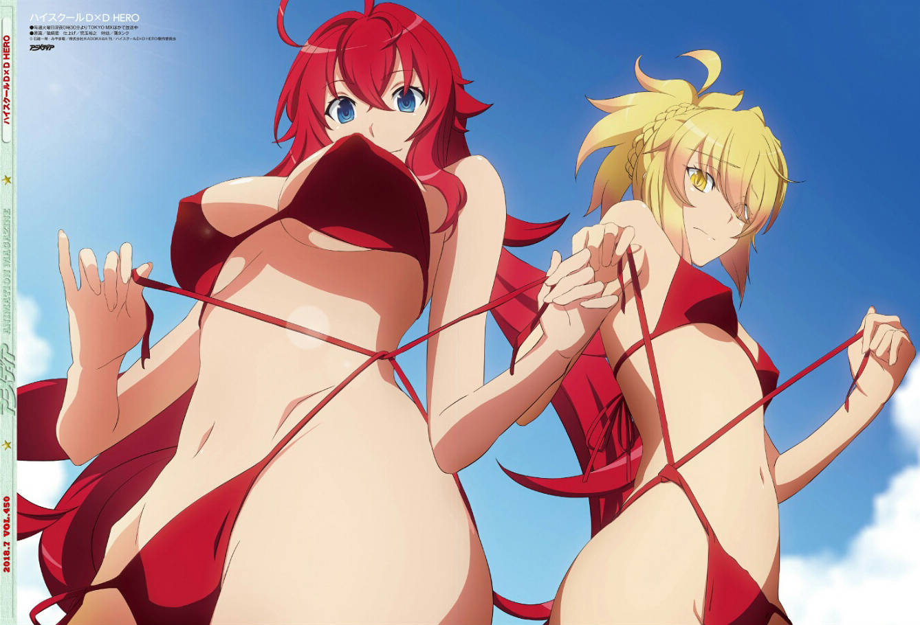 2girls bikini blonde_hair blue_eyes breasts high_school_dxd high_school_dxd_hero kunou_(high_school_dxd) large_breasts midriff multiple_females multiple_girls official_art pokies red_hair rias_gremory side-tie_bikini side-tie_panties small_breasts teasing