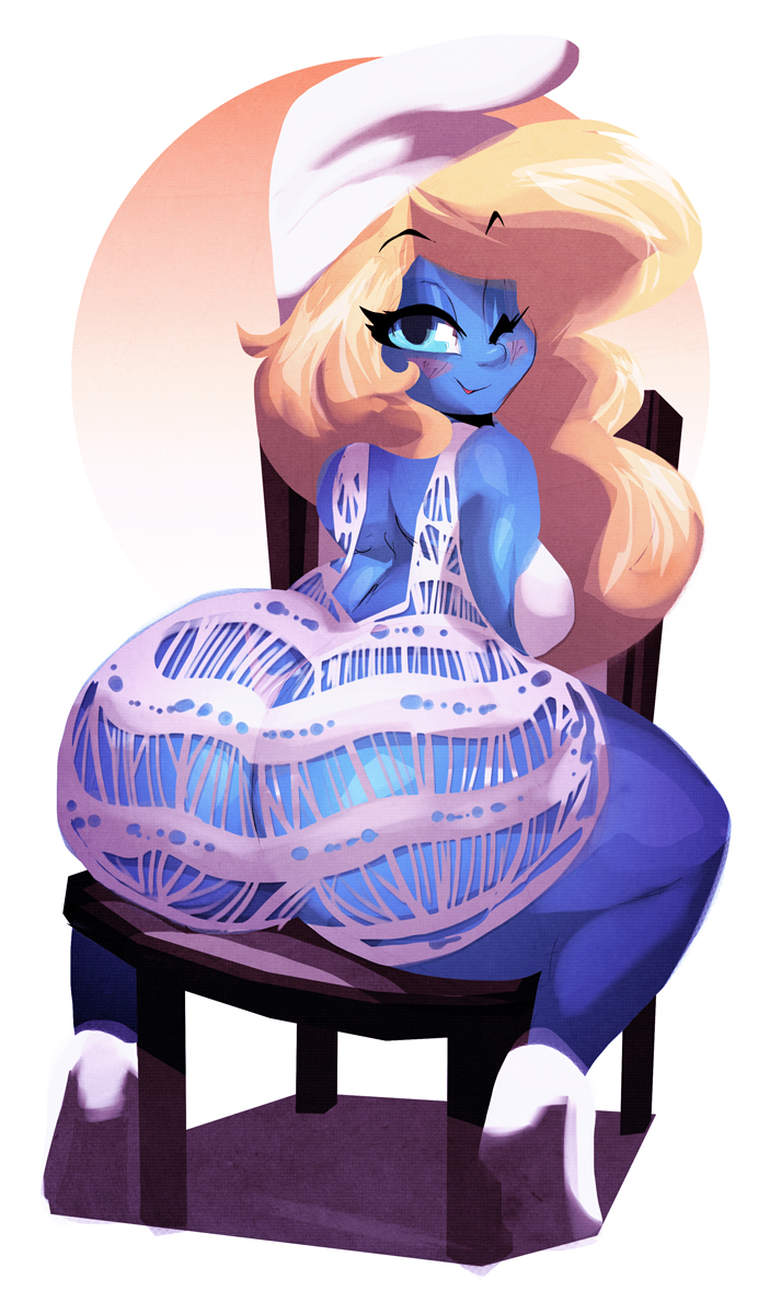 1girls, ass, ass bigger than head, big ass, big butt, blonde hair, blue eyes, blue skin, blush, bottom heavy, breasts, chair, chubby, chubby female, curvaceous, curvy, dress, fat ass, female, flirting, flirting with viewer, hanna-barbera, hat, high heels, huge ass, huge breasts, large ass, looking back, riendonut, see-through, sideboob, sitting, smile, smurfette, the smurfs, thicc, thick thighs, thighs, thong, thunder thighs, voluptuous, white background, wink, winking at viewer