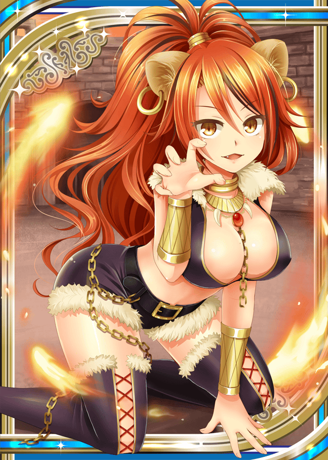 big_breasts cat_ears cleavage erect_nipples erect_nipples_under_clothes gold_eyes jewelry kneeling red_hair sekhmet