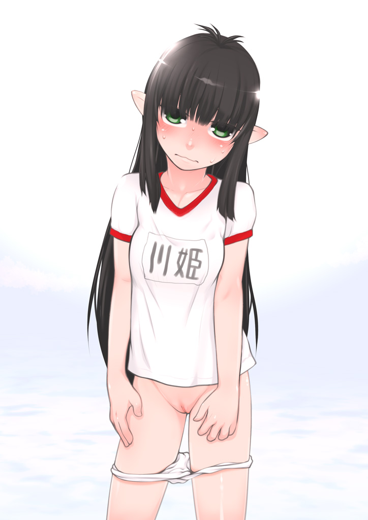 black_hair blush clothing collarbone cowboy_shot female gym_uniform head_tilt j7w long_hair original panties panty_pull pointy_ears pussy shirt short_sleeves simple_background solo standing sweat uncensored underwear white_background white_panties white_shirt white_sleeves