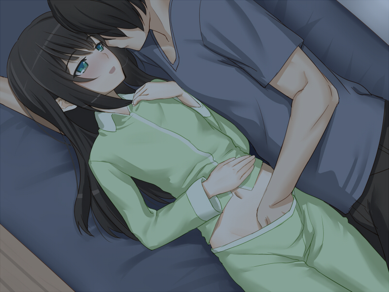 1boy, bed, black hair, blue eyes, blush, brother, brother and sister, brown hair, clothing, dark brown hair, dark hair, female, fingering, green eyes, hand in pants, incest, long hair, lying, male, navel, open mouth, osaru (yuuen-dou), pajamas, pussy, saliva string, shino (osaru), sibling, siblings, sister, smile, tagme, vaginal fingering