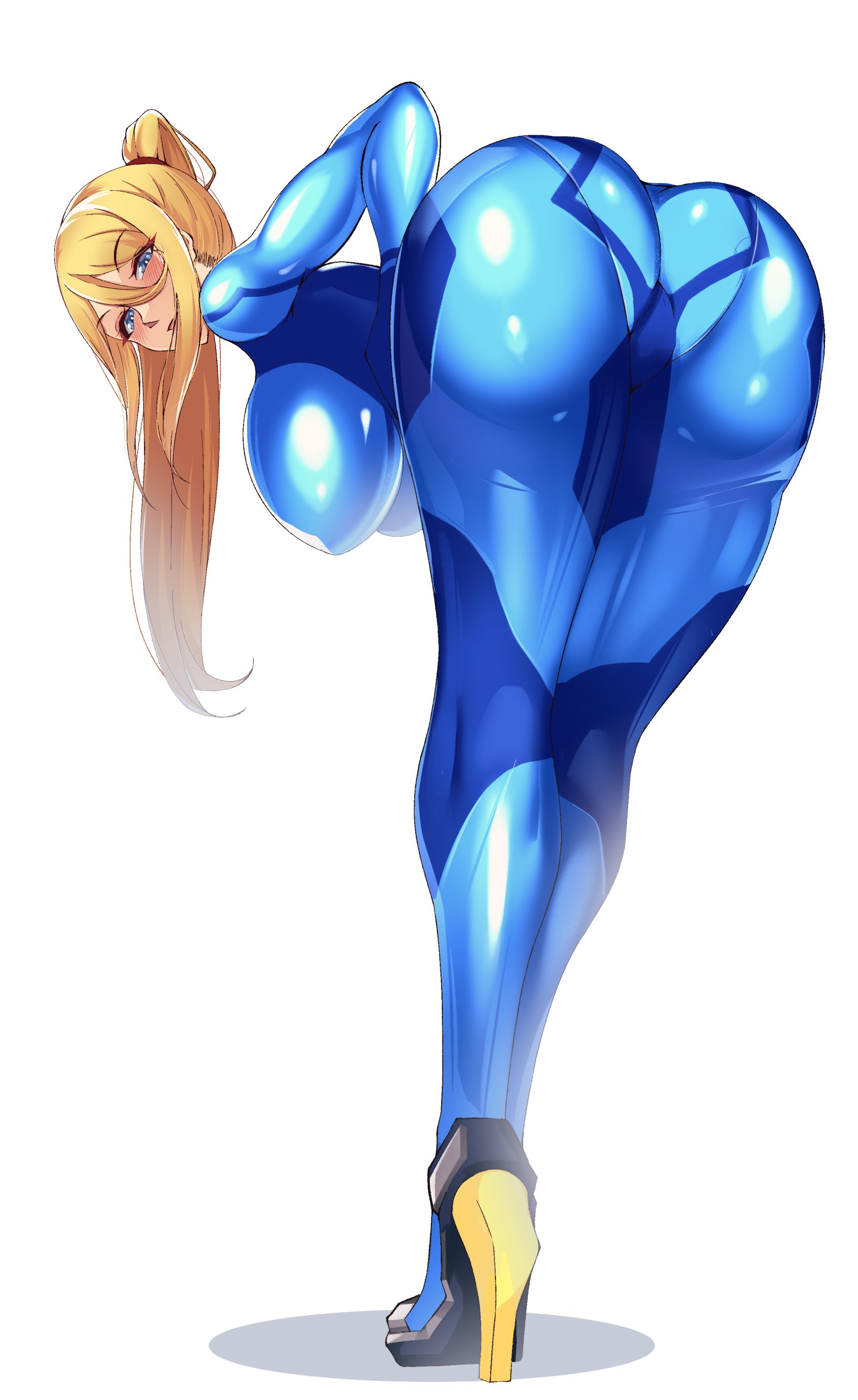 1girls, ass, ass focus, big ass, big breasts, blonde hair, blue bodysuit, blue eyes, blush, bodysuit, breasts, clothing, female, female only, heels, high heels, huge ass, huge breasts, legs, looking at viewer, mature, mature female, metroid, nintendo, pantylines, ponytail, samus aran, solo, solo female, thick thighs, thighs, tight clothing, volyz, zero suit samus