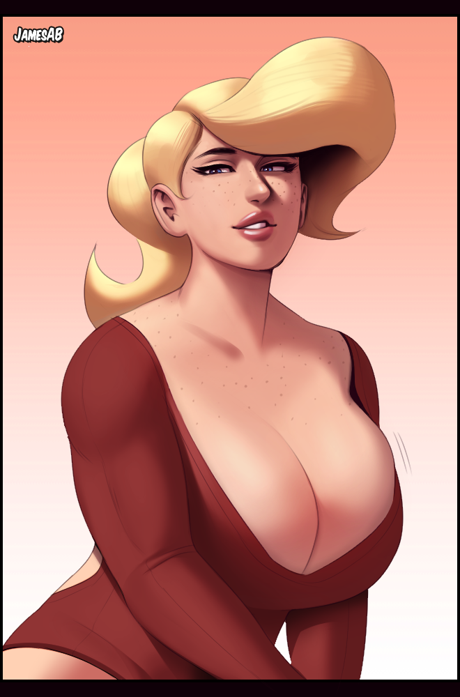 2018, big breasts, blonde hair, blue eyes, breasts, female, freckles, fruit basket (jamesab), jamesab, lipstick, original character, stephanie brooks (jamesab)