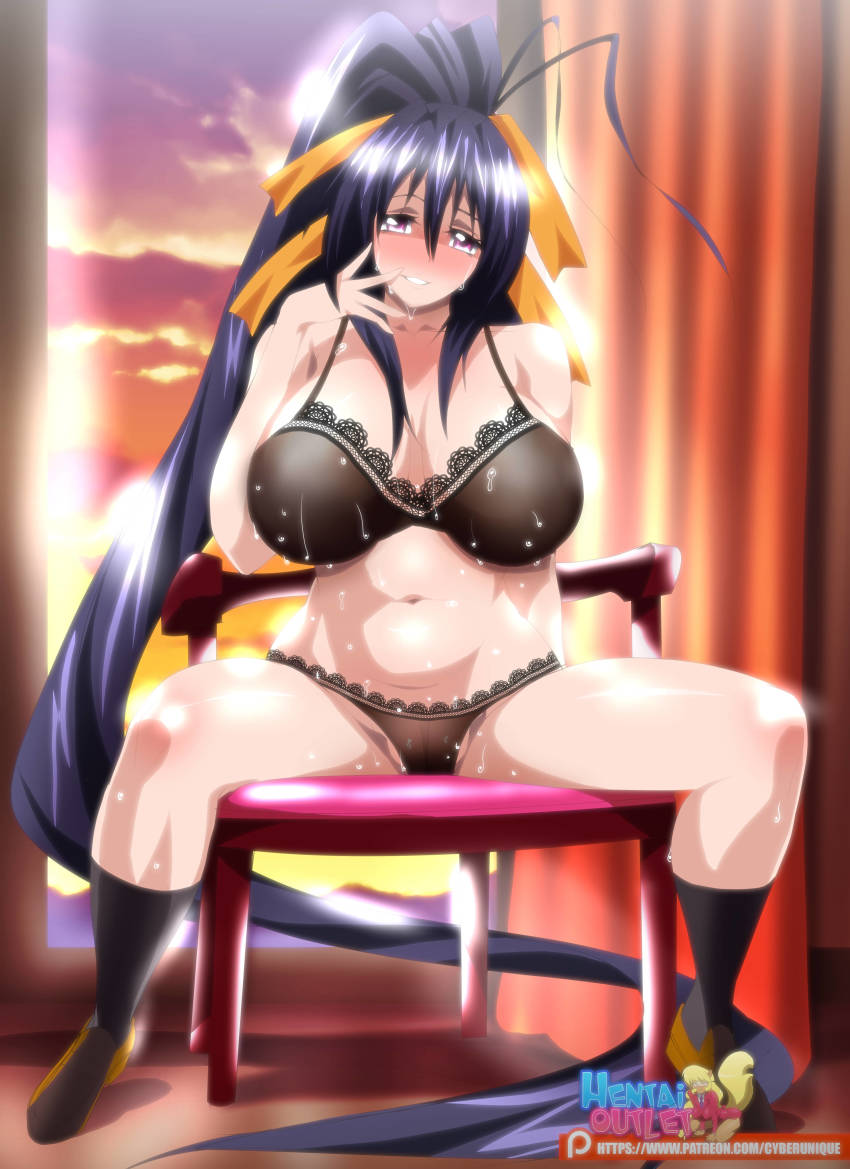 1girls, akeno himejima, belly, black bra, black panties, blushing, bra, breasts, busty, cartoony, chair, curtain, cyberunique, female, female only, hair ribbon, high school dxd, huge breasts, human, humanoid, large breasts, lingerie, long hair, looking at viewer, panties, patreon, ponytail, purple eyes, purple hair, shoes, sitting, sitting on chair, slightly chubby, smile, solo, sweat, text, thick thighs, underwear, url, watermark, wet, wide hips, window