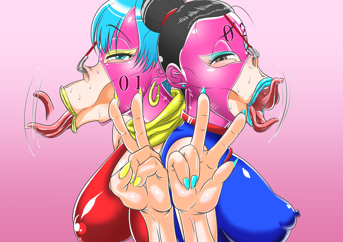 :>=, 2girls, air fellatio, alternate version available, bare shoulders, big breasts, big lips, bimbo, black eyes, black hair, blue hair, blue lipstick, blush, breasts, bulma briefs, chichi, china dress, dragon ball, dragon ball z, duo, ear piercing, earrings, erect nipple, erect nipples, erection, eyelashes, eyeshadow, fellatio, female, female only, front view, gesture, hair bun, heart, hoop earrings, human, licking, lipstick, long tongue, looking at viewer, makeup, mask, mature, milf, mother, multiple females, multiple girls, nail polish, nipple bulge, nipples, nose hook, open mouth, piercing, shiny, shiny skin, short hair, sideboob, simple background, sweat, thick lips, tied hair, tongue, tongue out, v, yellow lipstick, zxcv