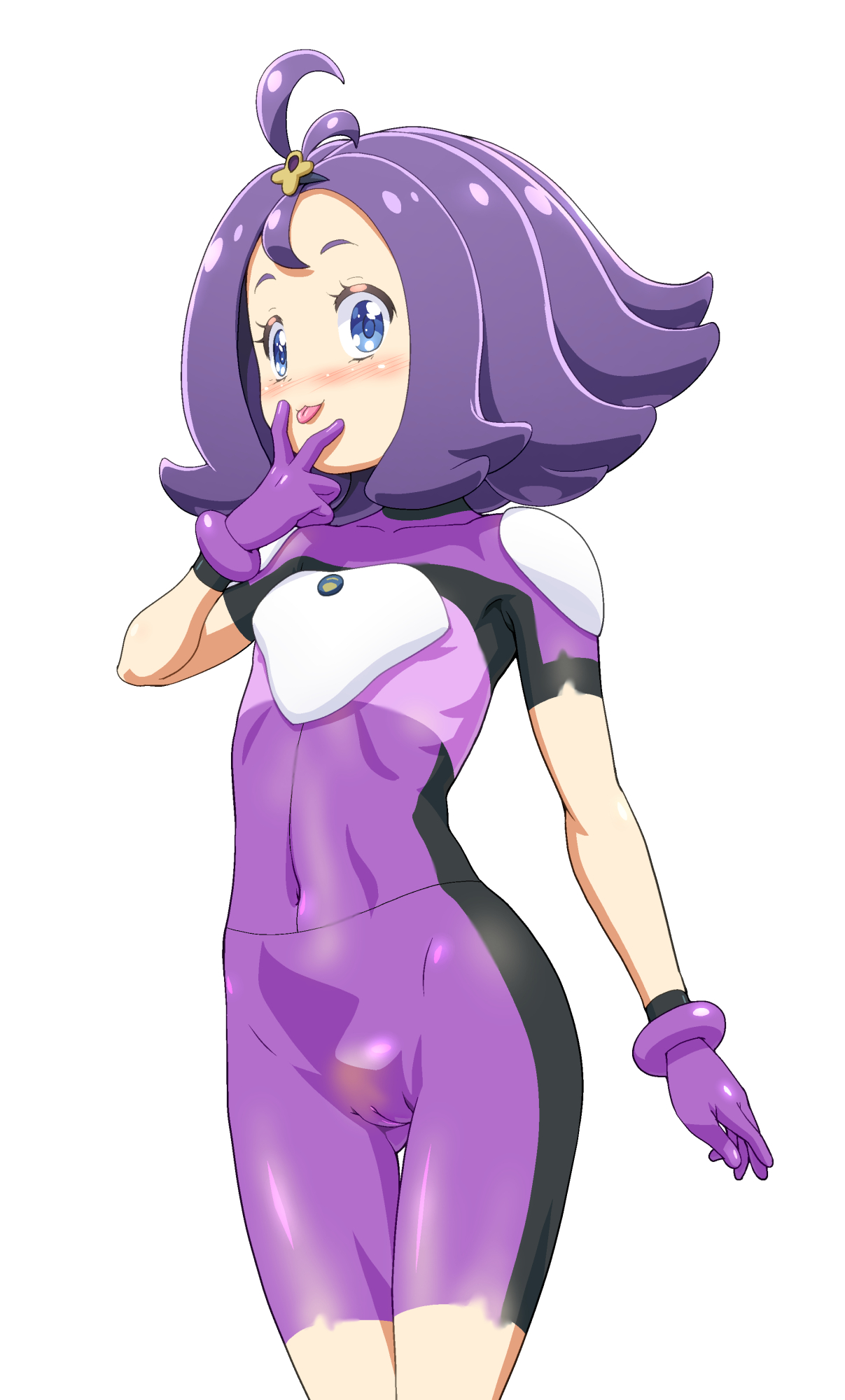 :3, :p, 1girls, acerola (pokemon), alternate outfit, armor, belly, blue eyes, blush, bodypaint, eyelashes, female, female only, flat chest, flipped hair, gloves, hair ornament, hand on face, human, innie pussy, kousaka jun, long hair, looking at viewer, looking to the side, navel, nintendo, nose blush, nude, painted clothes, pokemon, pokemon sm, purple eyes, purple hair, pussy, see-through, sexually suggestive, short hair, simple background, solo, standing, thigh gap, tongue, tongue out, trial captain, uncensored, v, white background