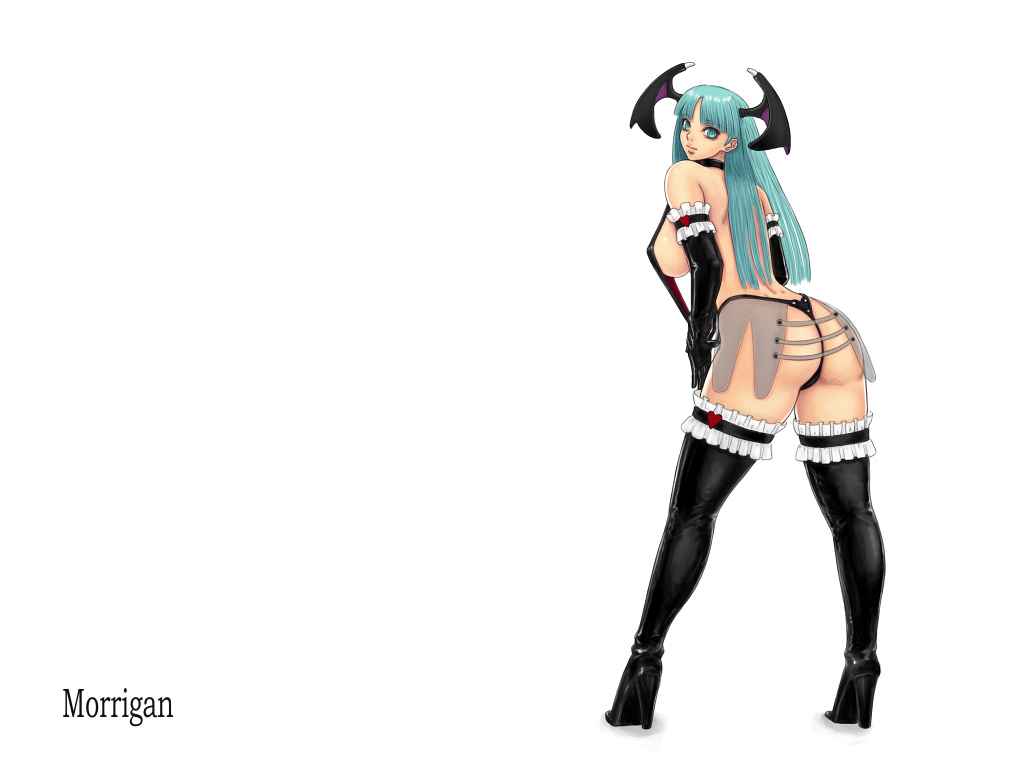 ark ass bent_over blue_eyes blue_hair capcom clothing darkstalkers demon_girl head_wings headwings medium_breasts morrigan_aensland panties stockings succubus thighhighs