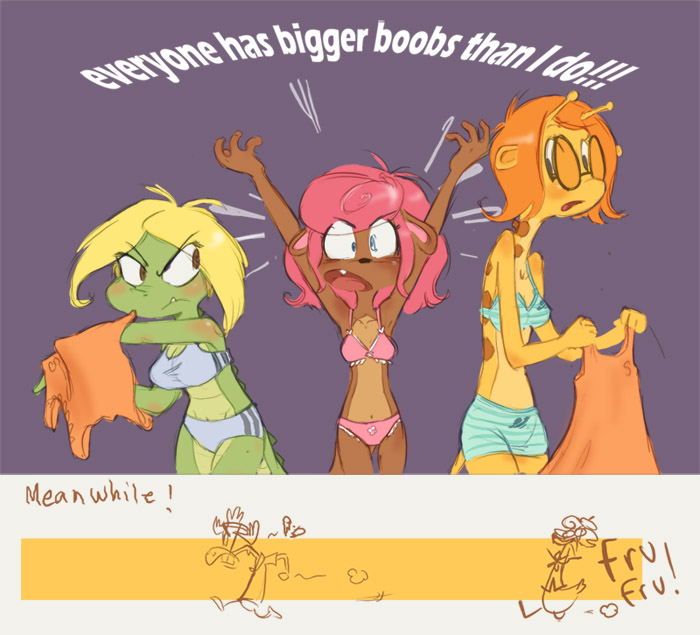 3girls alligator anthro blonde_hair blue_eyes bra breast_envy brown_eyes camp_lazlo cartoon_network english_text eyewear furry giraffe glasses gretchen_(camp_lazlo) hotchoc mongoose nina_neckerly orange_hair panties patsy_smiles pink_bra pink_hair pink_panties striped striped_bra striped_panties text underwear