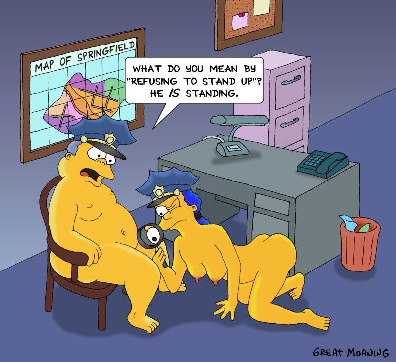 blue_hair breasts chief_wiggum chubby color female great_moaning human magnifying_glass male marge_simpson nipples nude side_view sitting tagme the_simpsons