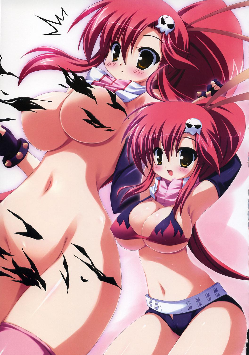 arms_up artbook blush breasts censored cleavage clothes convenient_censoring cute hair highres large_breasts long_hair navel open_mouth red_hair takeponi tengen_toppa_gurren_lagann thighhighs torn_clothes underboob yellow_eyes yoko_littner