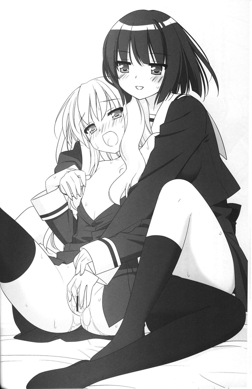 2girls censored female kawamura_reo long_hair monochrome multiple_girls pussy sawaguchi_mai short_hair sono_hanabira_ni_kuchizuke_wo tear yuri