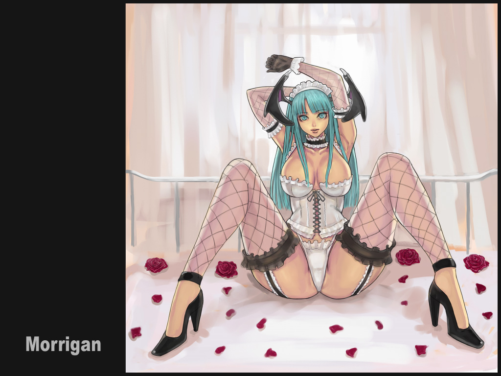 aqua_hair ark breasts capcom clothing corset darkstalkers elbow_gloves flower garter_belt gloves head_wings headwings high_heels hips huge_breasts large_breasts morrigan_aensland panties shoes small_breasts spread_legs stockings succubus thighhighs underwear wallpaper wide_hips