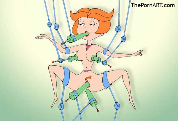 1girls anal_insertion anus belt bob_cut breast_sucking breasts dildo double_breast_sucking double_penetration earrings fellatio female hanna-barbera jane_jetson lowres milf necklace oral orange_hair pubic_hair pussy robot sci-fi short_hair solo spread_legs suspended the_jetsons thepornart vaginal_insertion western_copyright wife