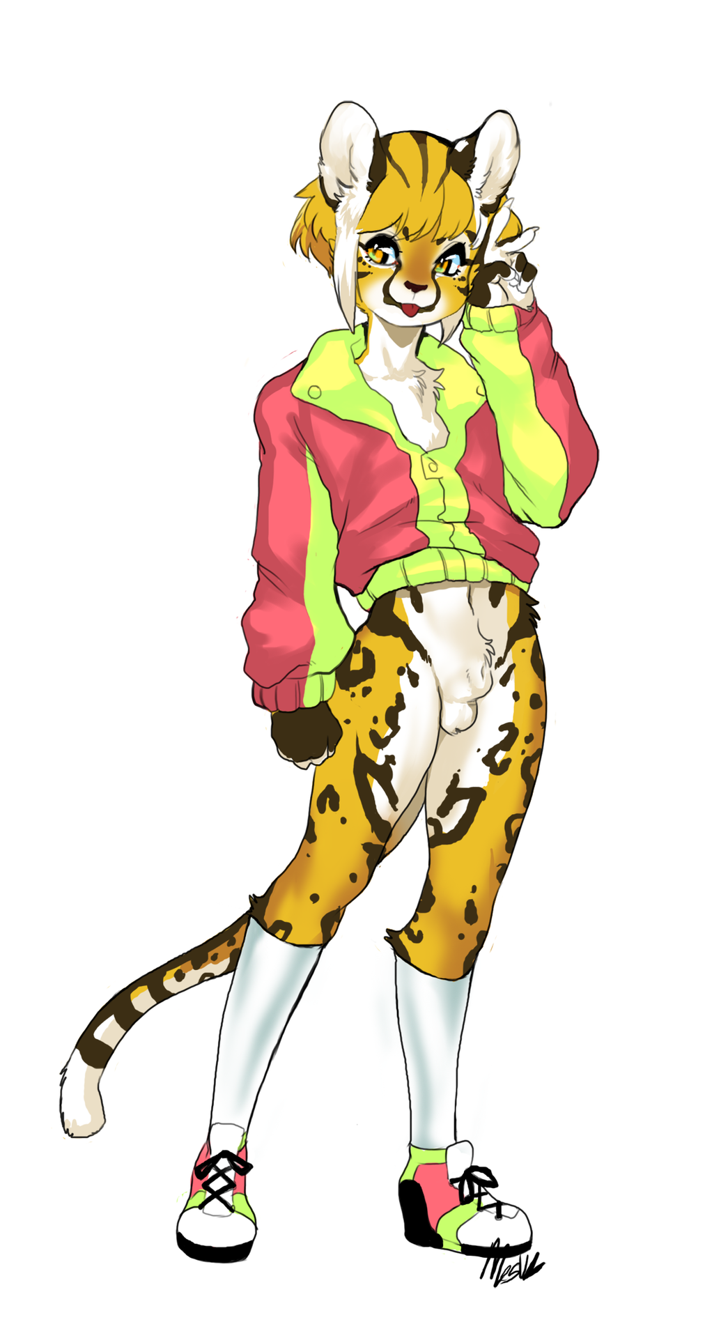 5_fingers animal_genitalia anthro balls blep cheetah clothed clothing digital_media_(artwork) feline femboy fur girly hair jacket male mammal milkcrown multicolored_fur multicolored_hair open_mouth sheath smile solo standing tongue tongue_out