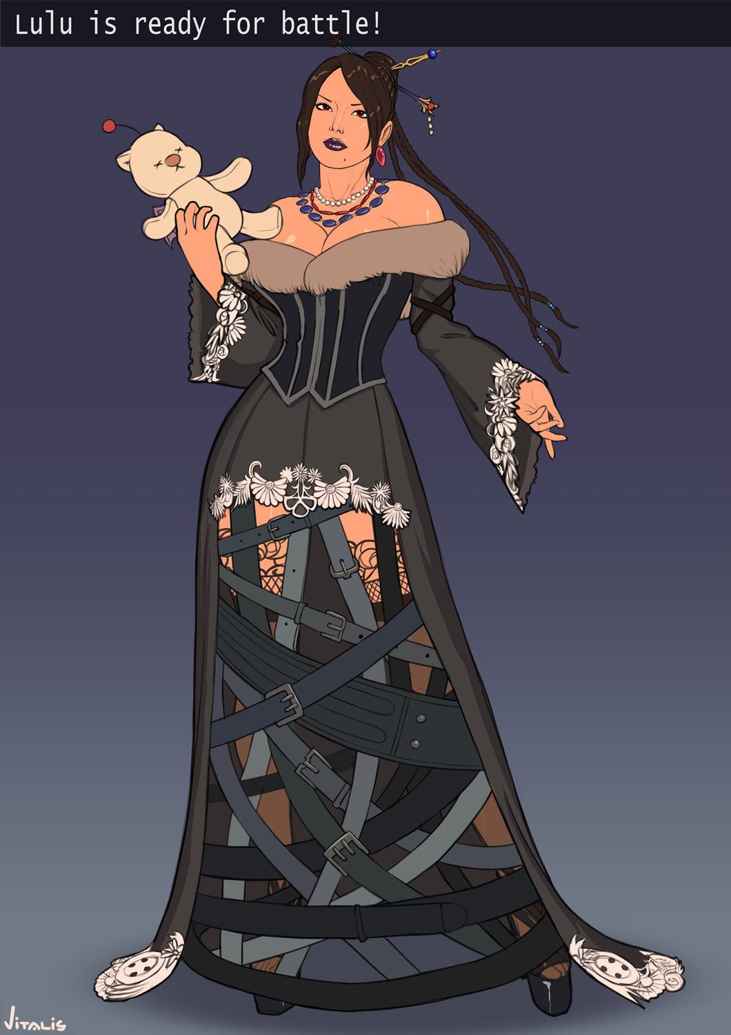 1girls, belts, breasts, brown hair, cleavage, corset, curvy, doll, dress, female, female only, final fantasy, final fantasy x, high heels, huge breasts, lipstick, lulu (final fantasy), moogle, necklace, open toe shoes, skirt, solo, stockings (markings), vitalis