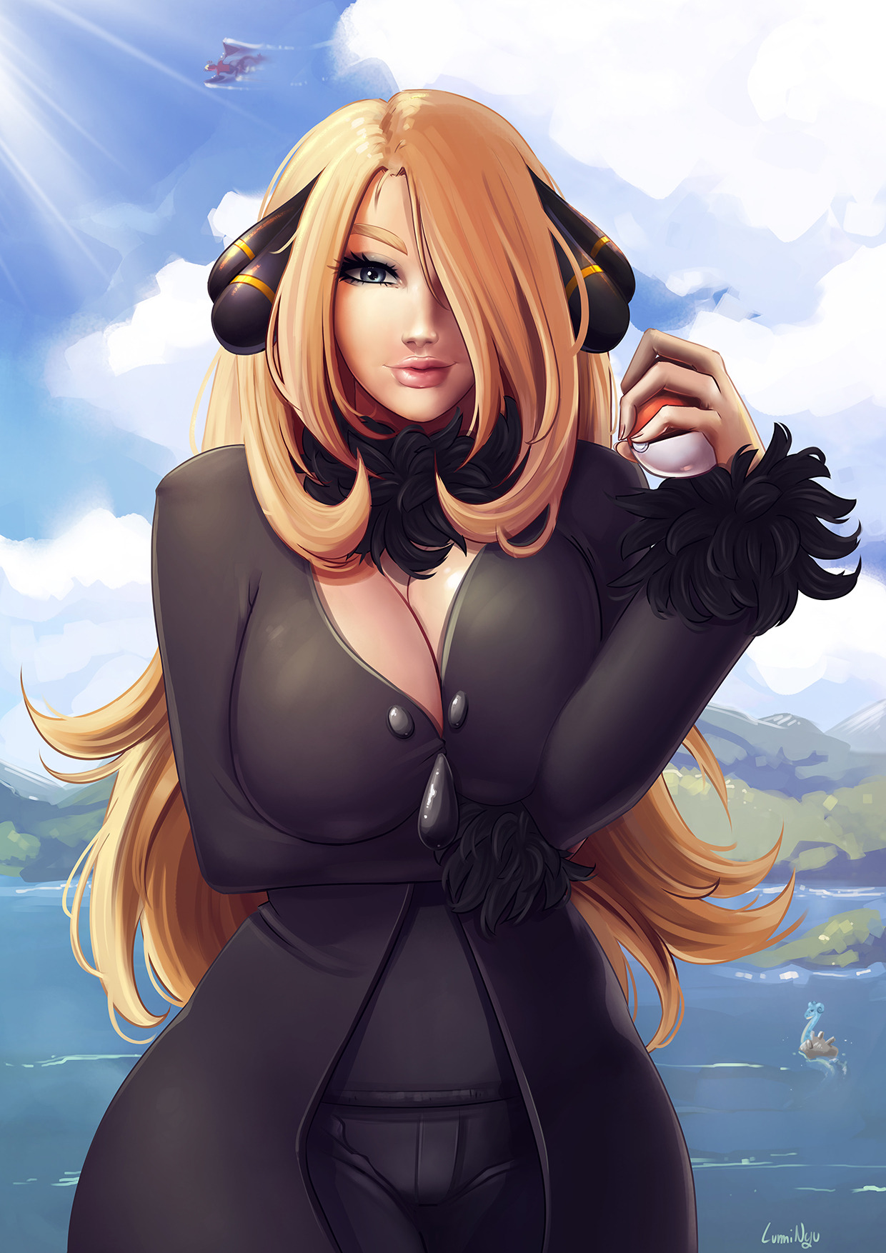 1girls, 2018, artist name, blonde hair, blue eyes, breasts, cleavage, clothed, clouds, curvy, cynthia (pokemon), day, eyelashes, eyeshadow, female, female only, front view, garchomp, hair ornament, hair over one eye, highres, huge breasts, human, lapras, large breasts, lipstick, long hair, looking at viewer, luminyu, makeup, nintendo, nipples, outdoors, pink lipstick, poke ball, pokemon, pokemon (species), pokemon dppt, pokemon rgby, sky, smile, solo, thick thighs, voluptuous, water, wide hips