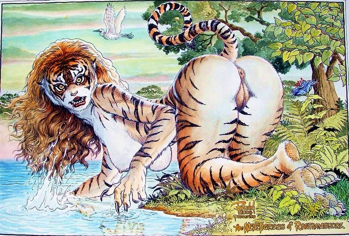 2006 anthro anus ass avian big_ass big_breasts bird black_claws breasts budd_root claws duo feline female forest hair heron humanoid_face mammal nude red_hair sharp_teeth solo_focus stripes teeth tiger tree water weretiger yellow_eyes