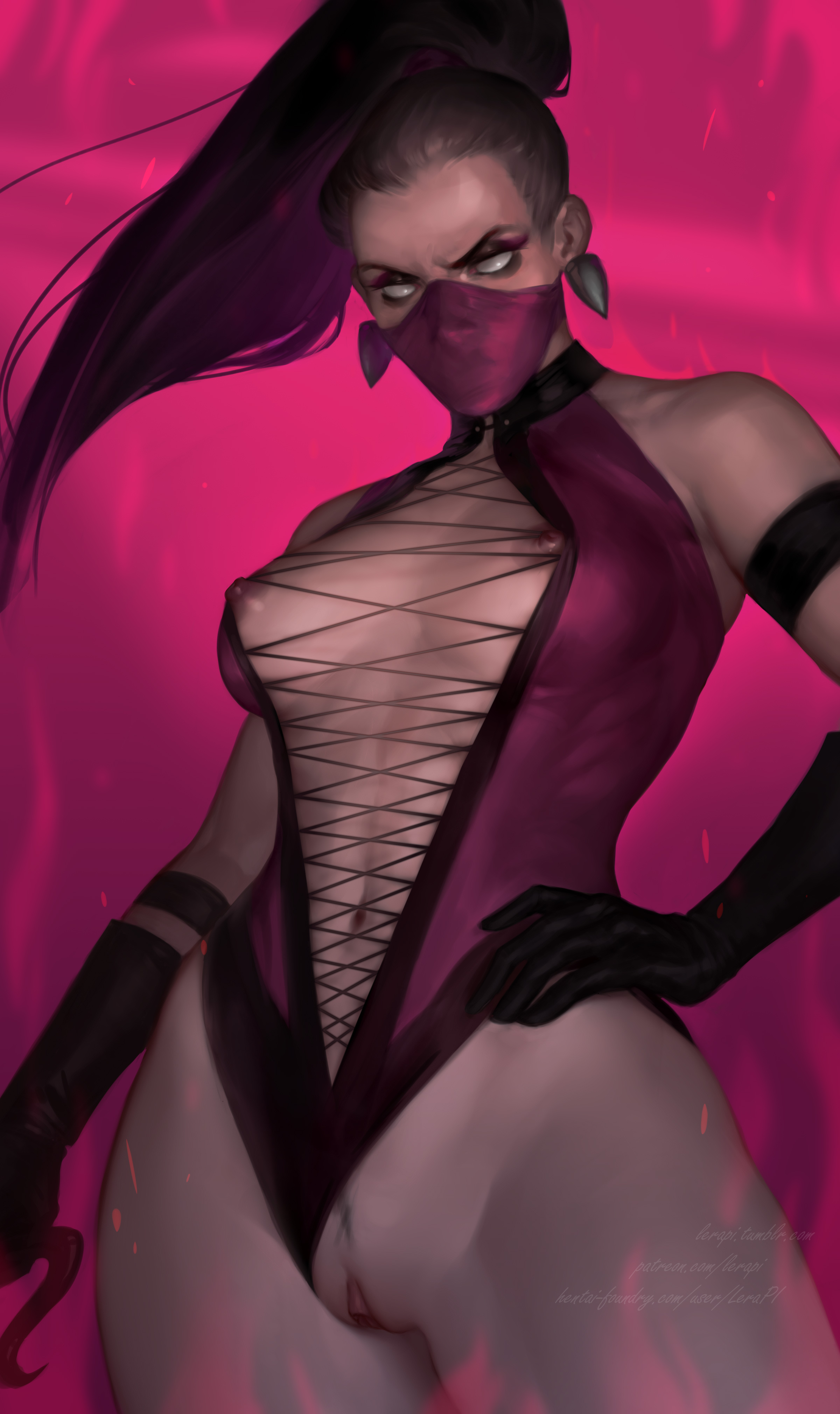 1girls, 2d, abs, absurdres, alternate version available, areola slip, areolae, artist name, breasts, cameltoe, cleavage cutout, clitoral hood, clitoris, elbow gloves, erect nipples, female, female only, gloves, hand on hip, hentai foundry, highres, hourglass figure, leotard, leotard aside, lerapi, looking at viewer, looking down, looking down at viewer, low-angle view, mask, masked female, medium breasts, mileena, mortal kombat, navel, nipple bulge, nipple slip, nipples, no bra, no irises, no panties, patreon, patreon username, ponytail, posing, pubic hair, pubic hair peek, pussy, solo, solo female, straps, straps across chest, thick thighs, tumblr, tumblr username, white eyes