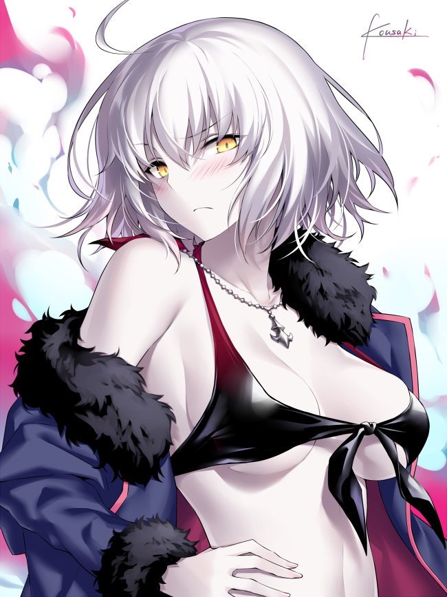 blush bra breasts dark_persona fate/grand_order fate_(series) female_only jeanne_alter kousaki_rui looking_at_viewer white_hair yellow_eyes