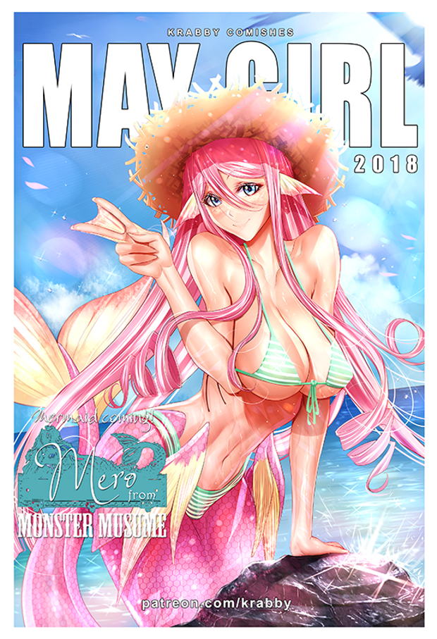 beach bikini blue_eyes female female_only fish fish_girl fish_humanoid fish_tail gesture green_clothing humanoid krabby_(artist) looking_at_viewer magazine_cover mermaid meroune_lorelei monster_girl monster_musume_no_iru_nichijou ocean outdoors pink_hair pink_scales text two_tone_scales v webbed_hands yellow_scales