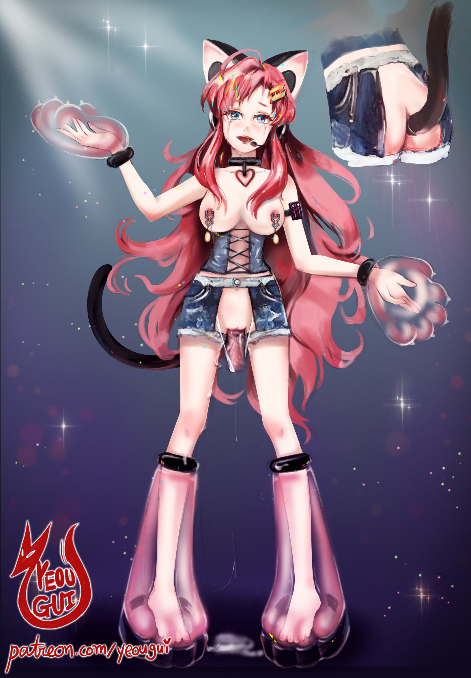 1girls, artist name, artist signature, ass, barefoot, blue eyes, breasts, buttplug tail, cat ear headphones, collar, corset, crying, crying with eyes open, dildo, egg vibrator, feet, female, forced, forced orgasm, gundam, gundam seed, gundam seed destiny, headset, humiliation, latex, legs, long hair, looking at viewer, meer campbell, nipple clamps, nipples, open clothes, open mouth, pink hair, pussy, pussy juice, remote control vibrator, sex toy, short shorts, solo, standing, tail, toes, uncensored, vaginal penetration, wristband, yeougui