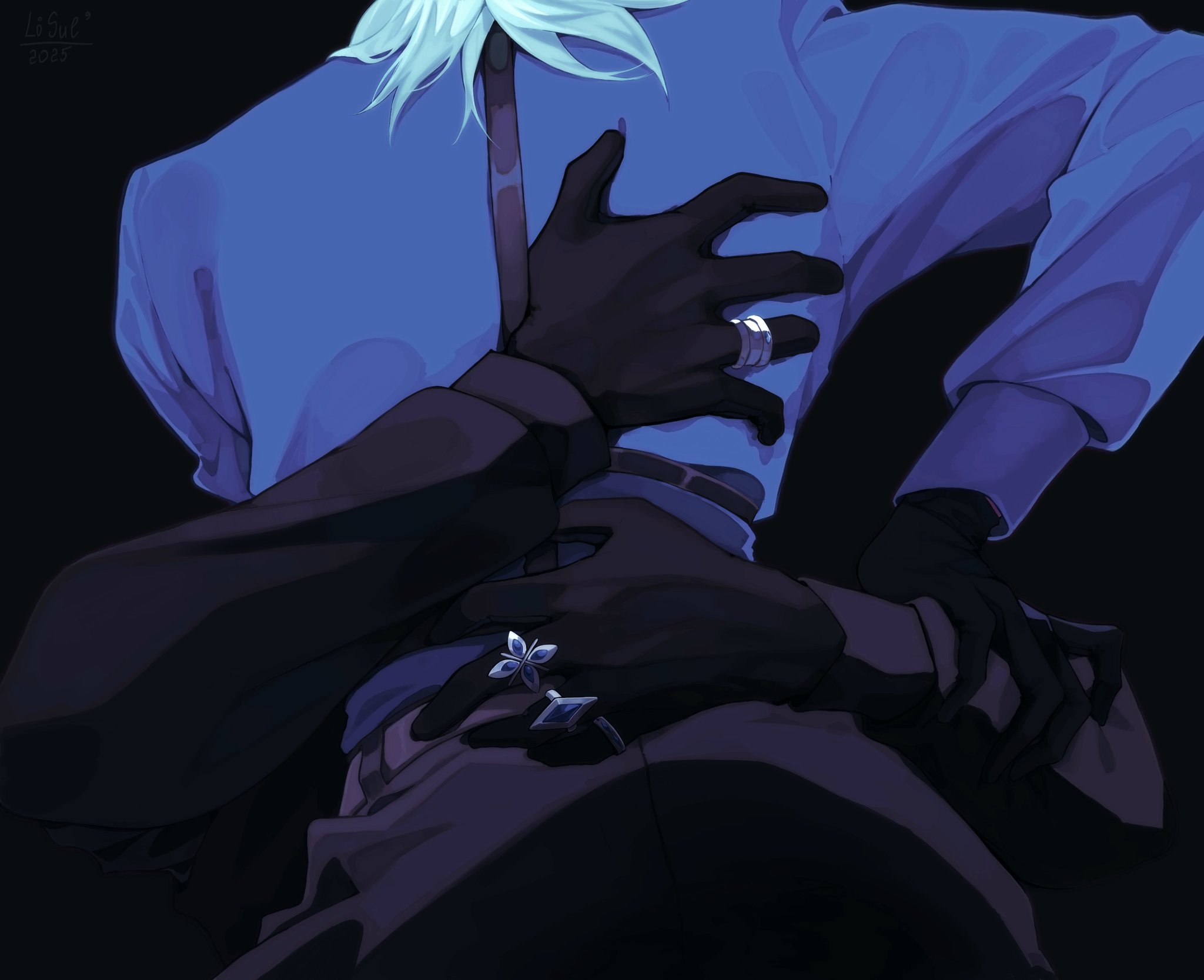 2boys, blue hair, dottore (genshin impact), dottores slutty waist, gay, genshin impact, gloves, grabbing ass, grabbing waist, harness, holding waist, male, male only, pantalone (genshin impact), rings, yaoi