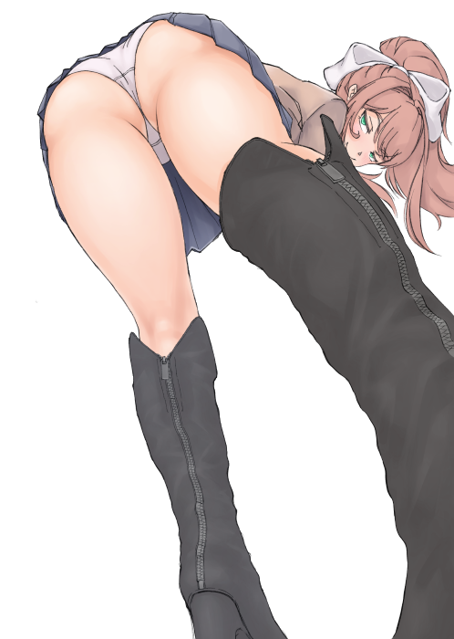 1girls alternate_footwear big_ass black_boots boots bubble_ass bubble_butt butt doki_doki_literature_club female knee_boots looking_at_viewer monika_(doki_doki_literature_club) panties pantyshot pantyshot_(standing) school_uniform shinchis smile smiling smiling_at_viewer solo teasing thick_thighs thighhighs upskirt white_panties wide_hips zipper