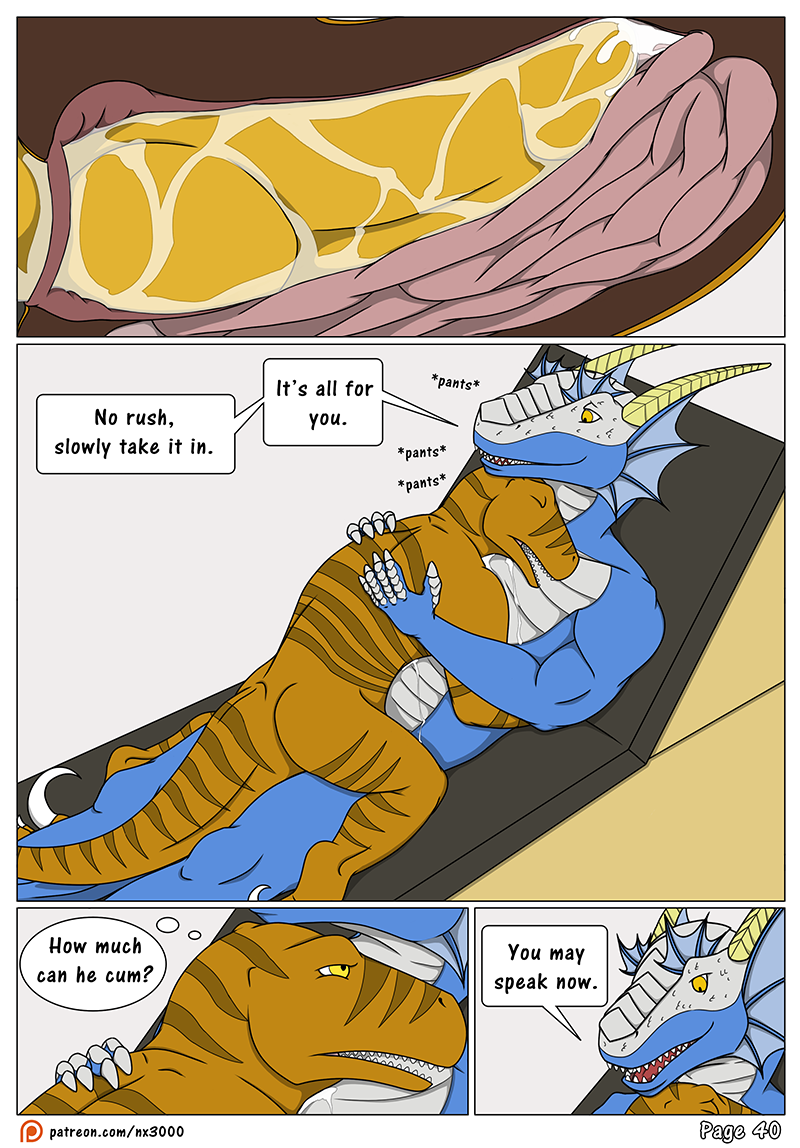 2018 anal anal_sex anthro anthro_on_anthro bed biped blue_skin border brown_skin brown_stripes claws closed_eyes comic cowgirl_position cum cum_drip cum_in_ass cum_inside cum_on_chest cum_on_knot cum_on_penis cum_on_stomach curved_horn dialogue dinosaur dragon dripping duo ear_frills ejaculation embrace english_text erection frill glans half-closed_eyes horn hospital inside internal intestines kaibo_coldwind knot knotting larger_anthro larger_male looking_at_another looking_at_partner lying male male_penetrating marvin_raptor nude nx-3000 on_back on_bed on_top open_mouth open_smile panting patreon penetration penis raptor red_tongue ridged_horn scales scalie sex sharp_claws size_difference smaller_anthro smaller_male smile speech_bubble striped_body stripes text theropod thought_bubble toe_claws url western_dragon white_border white_horn white_scales white_skin yaoi yellow_eyes yellow_penis