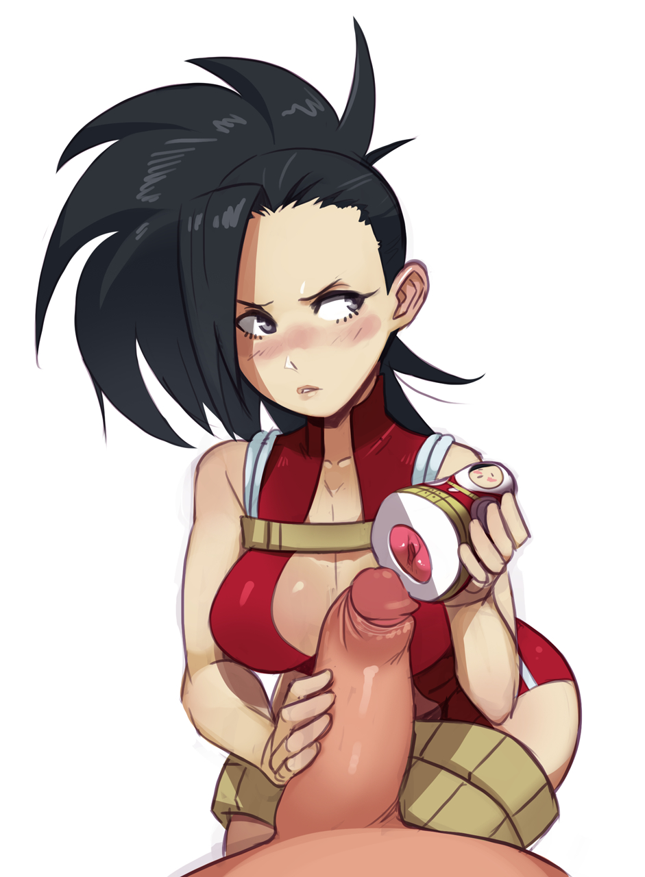 artificial_vagina bad_pixiv_id big_hair big_penis black_hair blue_eyes blush breasts center_opening cleavage commentary commission english_commentary female highres large_breasts matryoshka_doll momo_yaoyorozu my_hero_academia navel penis polyle solo_focus source_request