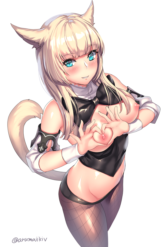 animal ears, aqua eyes, aruma jiki, blonde hair, blush, bow, breasts, breasts out, bustier, cat ears, cat tail, detached sleeves, eyebrows visible through hair, female, final fantasy, final fantasy xiv, from above, heart, heart hands, heart-shaped boob challenge, heart-shaped pupils, long hair, looking at viewer, looking up, medium breasts, midriff, miqo'te, nipples, pantyhose, smile, solo, symbol-shaped pupils, tail, white background, wrist cuffs
