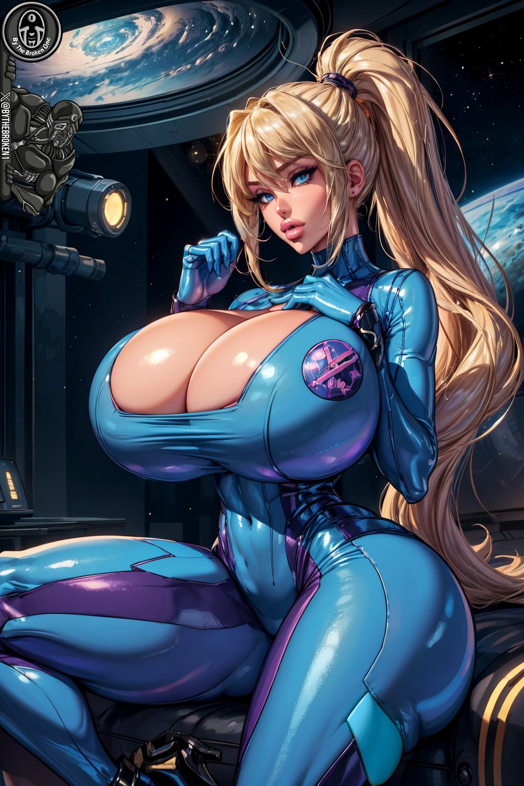 ai_generated big_breasts bimbo blonde_hair blue_eyes bodysuit bythebrokenone female gigantic_breasts long_hair metroid ponytail samus_aran zero_suit_samus