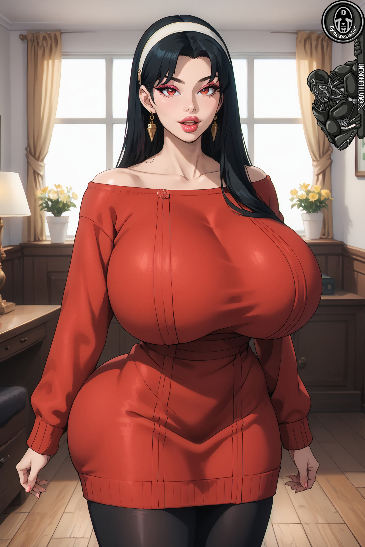 ai generated, ailurid, ass, big ass, big breasts, black hair, breasts, bythebrokenone, earrings, female, lipstick, long hair, makeup, pink nails, spy x family, thick thighs, yor briar, yor forger
