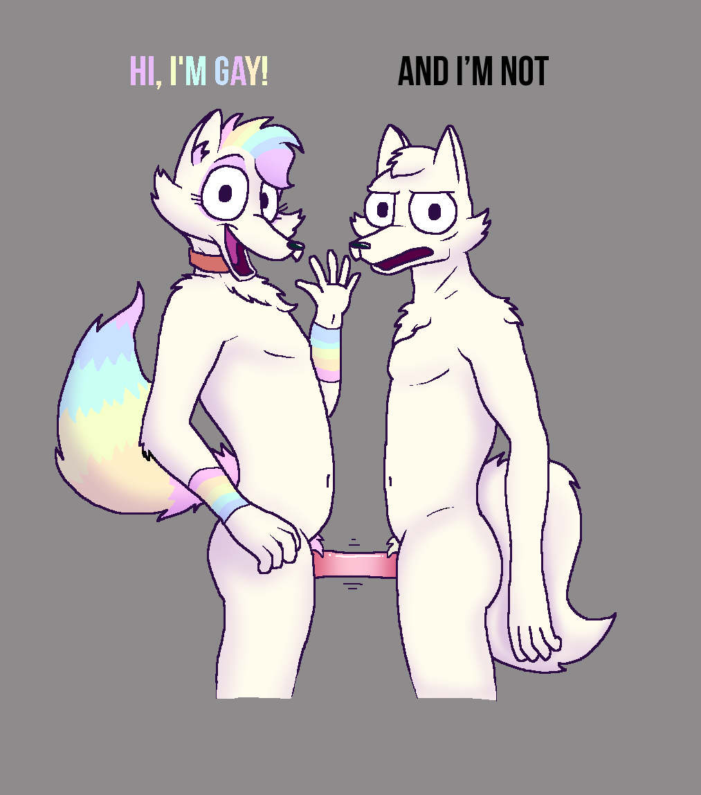 anthro arctic_fox brother brothers canine conjoined conjoined_at_genitalia conjoined_at_penis dialogue duo fox funny male mammal rainbow siamese_twins sibling stuck_together text theyton twin_brothers twins yaoi