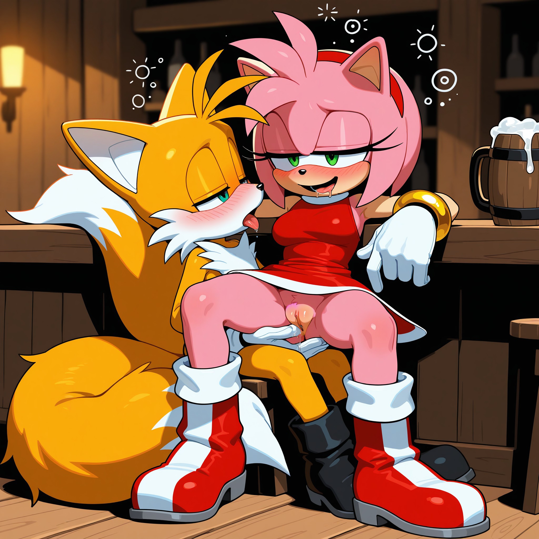 1boy, 1girls, ai generated, alcohol, amy rose, anthro, boots, drunk, duo, female, fingering, fox, hedgehog, male, male/female, no panties, pink fur, pussy, sega, sonic (series), sonic the hedgehog (series), tagme, tails, tails the fox, tavern
