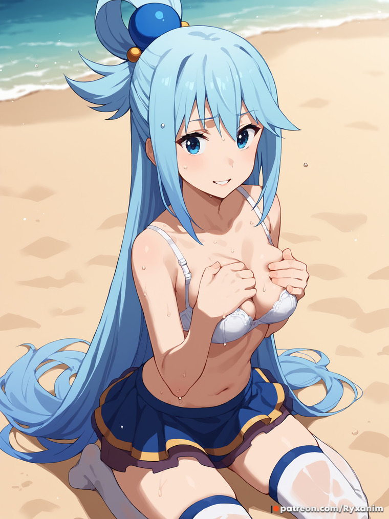 ai_generated aqua_(konosuba) aqua_hair beach blue_eyes bra breasts feet female hand_on_breast kono_subarashii_sekai_ni_shukufuku_wo! self_upload sitting skirt smile thighhighs wet white_bra