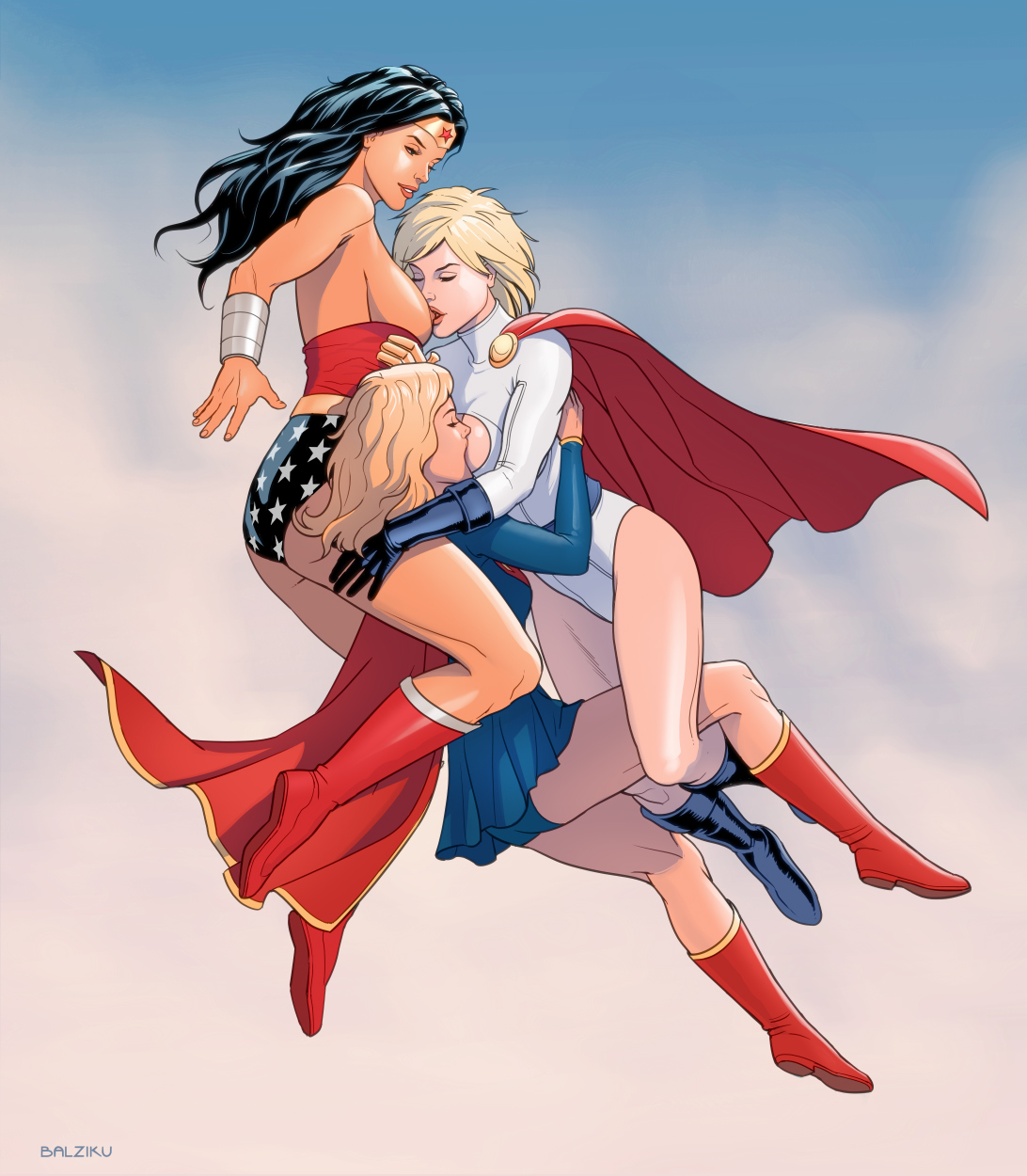 3girls, areola, balziku, bare breasts, bare thighs, black hair, blonde hair, blue hair, breast sucking, breasts, cape, closed eyes, cloud, color, colored, curvy, dark hair, dc, dc comics, erect nipples, exhibitionism, exhibitionist, exposed, exposed breasts, exposed nipples, female, female focus, female only, female with female, fff threesome, flying, flying sex, justice league, large breasts, leotard, light hair, lips, long hair, medium hair, messy hair, mouth, multiple females, multiple girls, nipple suck, nipple sucking, nipples, no bra, open mouth, panties, partially clothed, partially nude, power girl, public, public exposure, selfcest, shiny breasts, shiny skin, short hair, skirt, sky, smile, sucking, supergirl, supergirl (volume 5), superman (series), thighs, threesome, trio, wonder woman, wonder woman (series), yuri