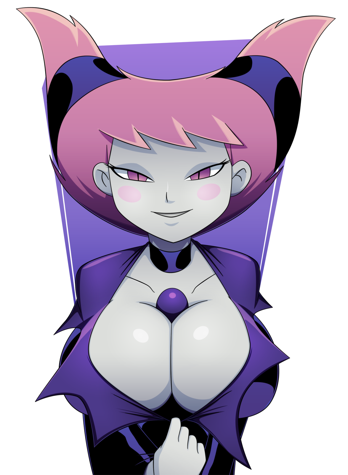 big breasts, breasts, cleavage, dc, dc comics, female, female only, huge breasts, jinx (dc), large breasts, looking at viewer, purple background, ravenravenraven, solo, teen titans, transparent background