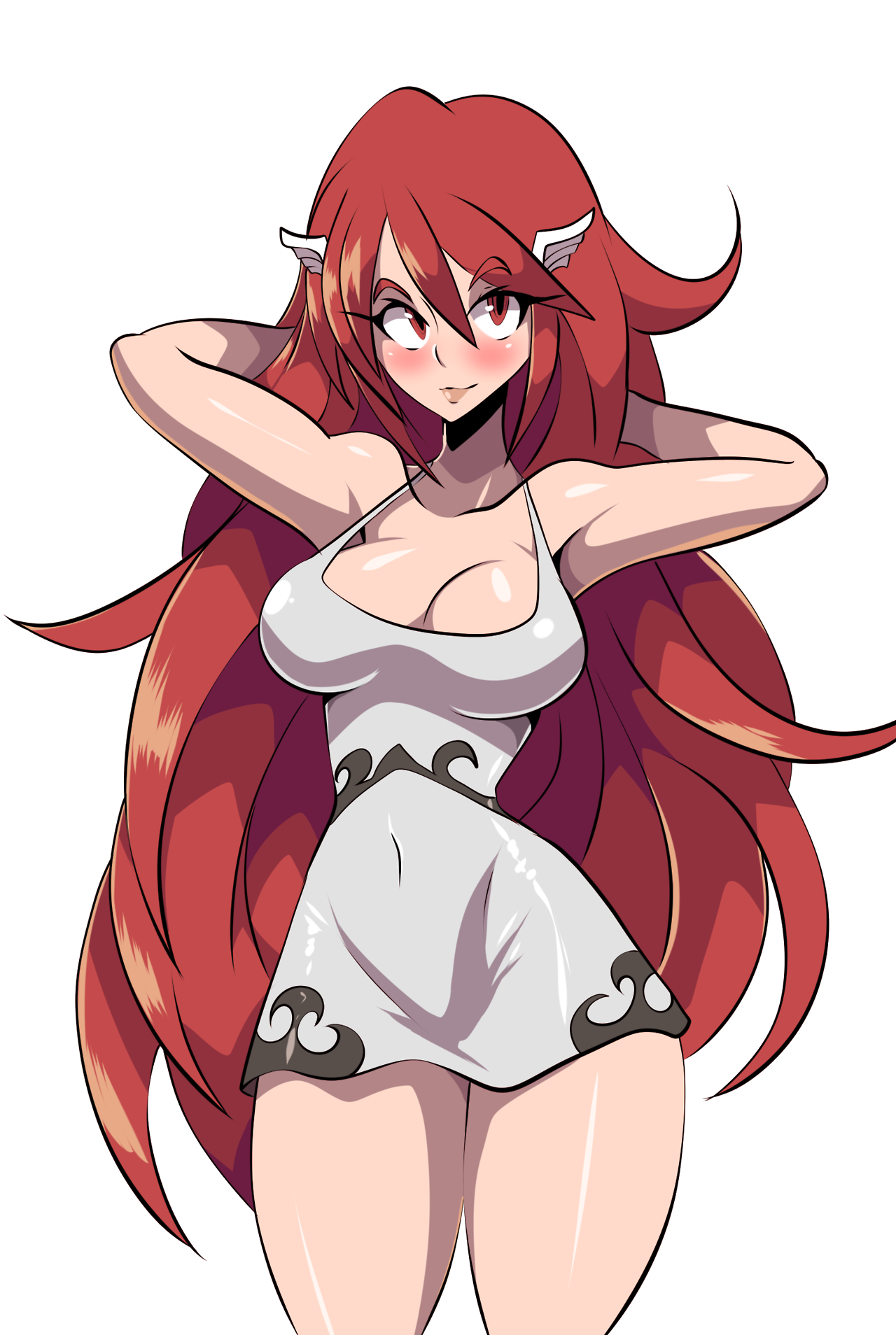 1girls, alternate breast size, bare legs, bare shoulders, bigdeadalive, blush, breasts, cleavage, cordelia (fire emblem), covered navel, dress, edit, female, female only, fire emblem, fire emblem awakening, highres, large breasts, legs, long hair, looking at viewer, nightgown, nintendo, no bra, no panties, no underwear, photoshop, red eyes, red hair, skirt, smile, solo, transparent background, very long hair