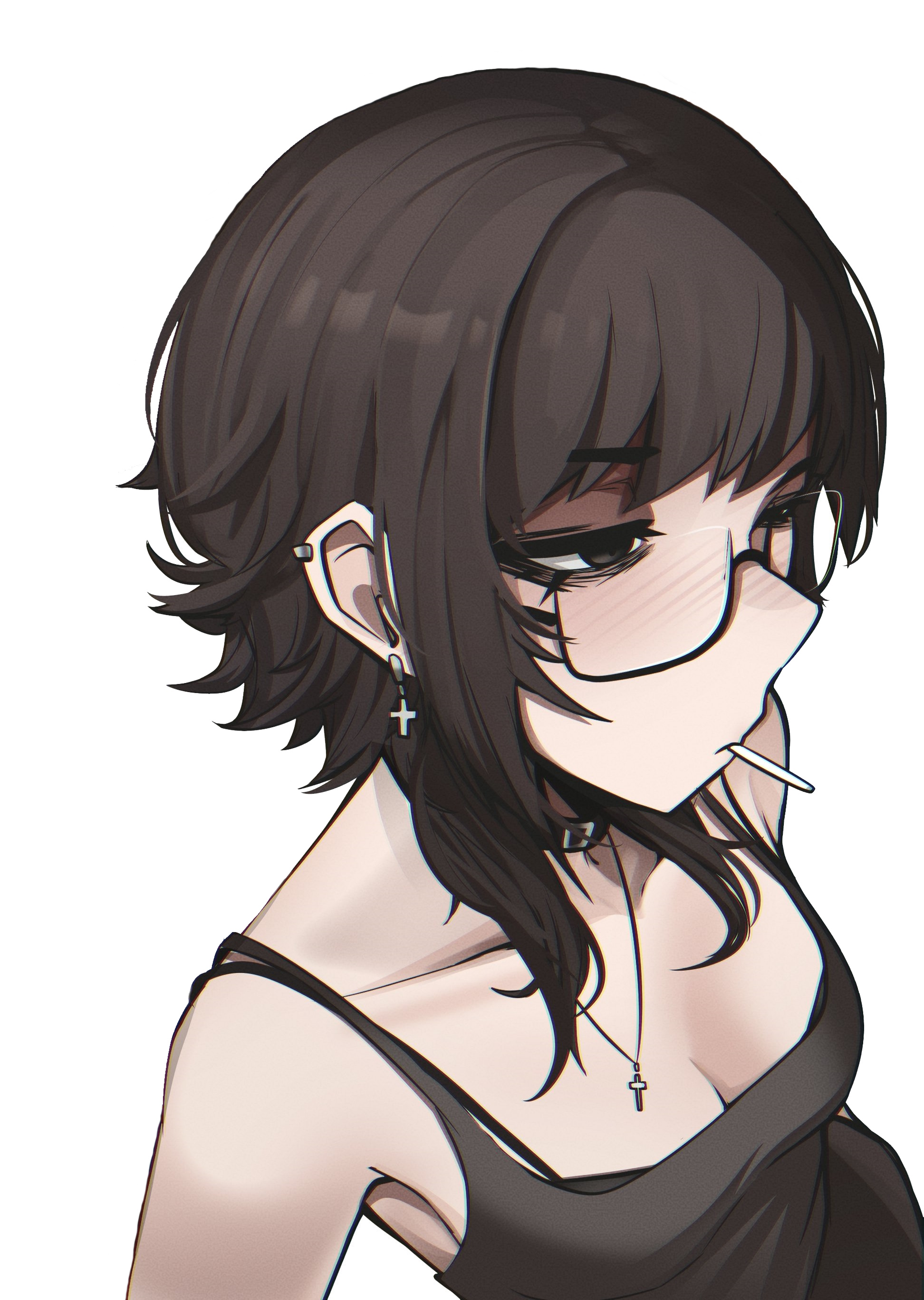 1girls, 2025, 2d, 2d (artwork), armpit, autistic female, black hair, bra, bra strap, breasts, choker, cleavage, earrings, eyeshadow, female, female only, glasses, lollipop, lollipop in mouth, makeup, medium breasts, mikuneki, necklace, neutral expression, original character, pale skin, pale-skinned female, riyo kaede (mikuneki), short hair, tank top, top down view, twitter, twitter link, twitter user oc, white background