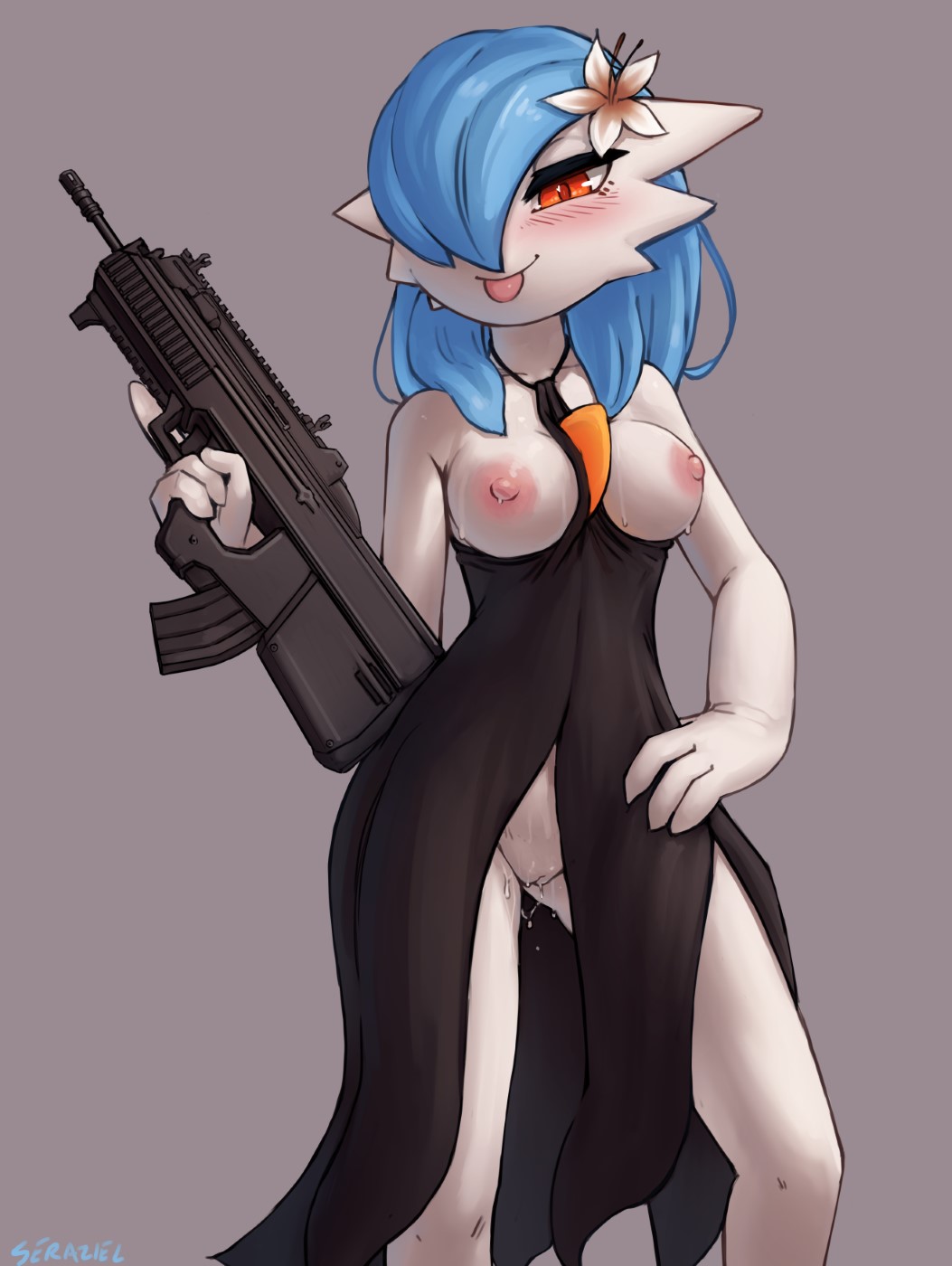 alternate_color artist_name assault_rifle bare_shoulders black_dress blue_hair blush borrowed_character breasts breasts_out bullpup cleft_of_venus closed_mouth collarbone colored_skin commentary dress english_commentary female flower fn_f2000 gardevoir grey_background gun hair_flower hair_ornament hair_over_one_eye half-closed_eyes hand_on_own_hip hand_up happy hibiscus highres holding holding_gun holding_weapon medium_breasts medium_hair nipples no_panties one_eye_covered orange_eyes orange_flower pokemon pokemon_(creature) pussy pussy_juice rifle seraziel shiny_pokemon signature simple_background sleeveless sleeveless_dress smile solo standing sweat tongue tongue_out trigger_discipline uncensored weapon white_skin