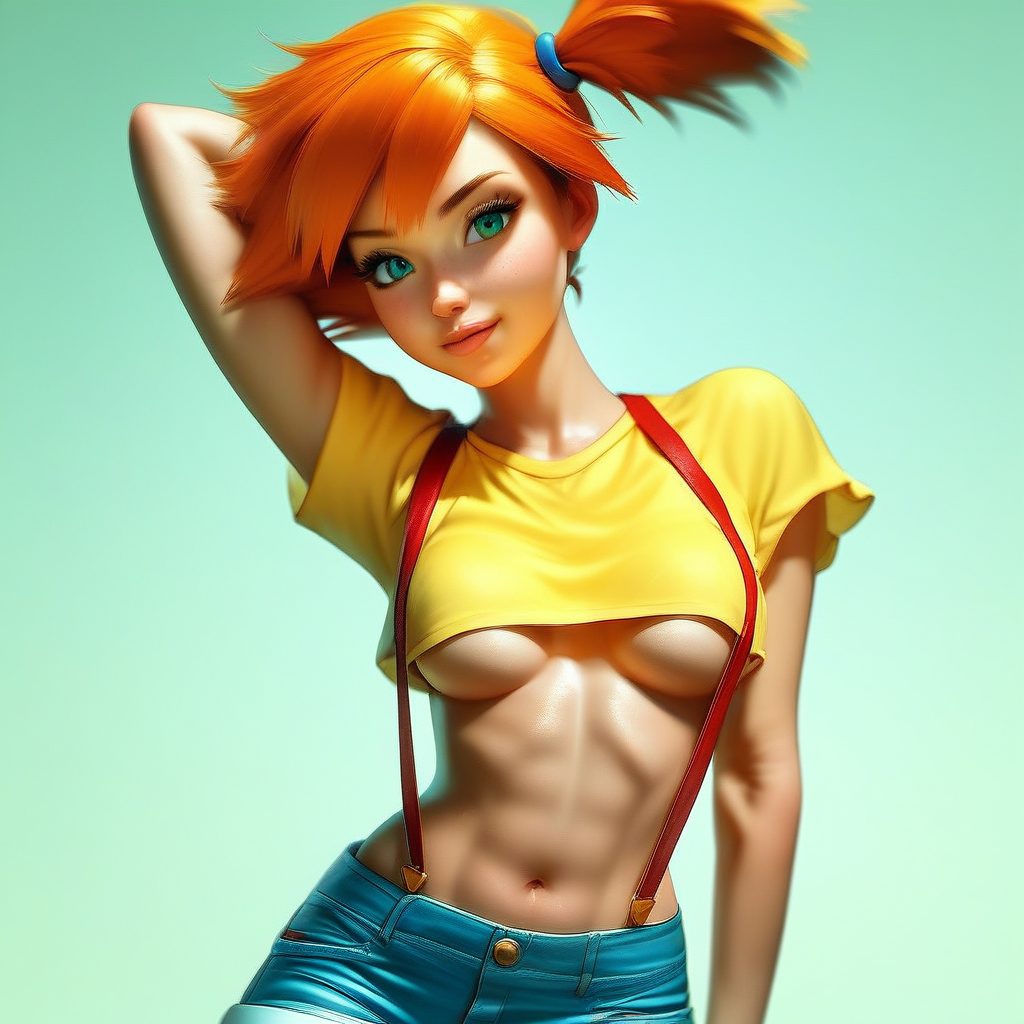 ai_generated crop_top denim_shorts green_eyes kasumi_(pokemon) midriff navel side_ponytail suspenders underboob