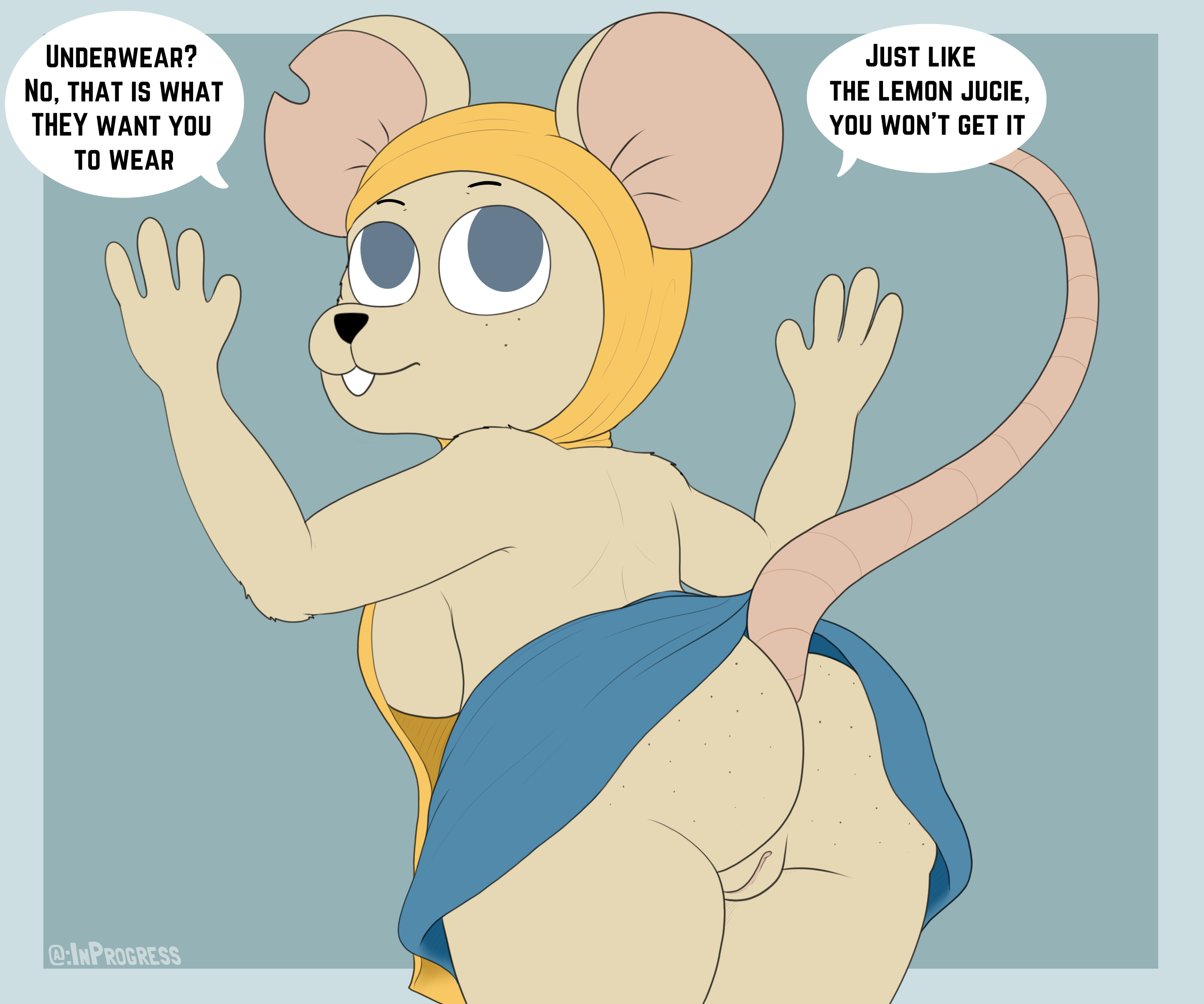 absurd res, anthro, ass, bitsy (legends of avantris), breasts, dialogue, english text, female, genitals, hi res, inprogress, legends of avantris, looking at viewer, mammal, mouse, murid, murine, pussy, rear view, rodent, side boob, solo, standing, tail, text