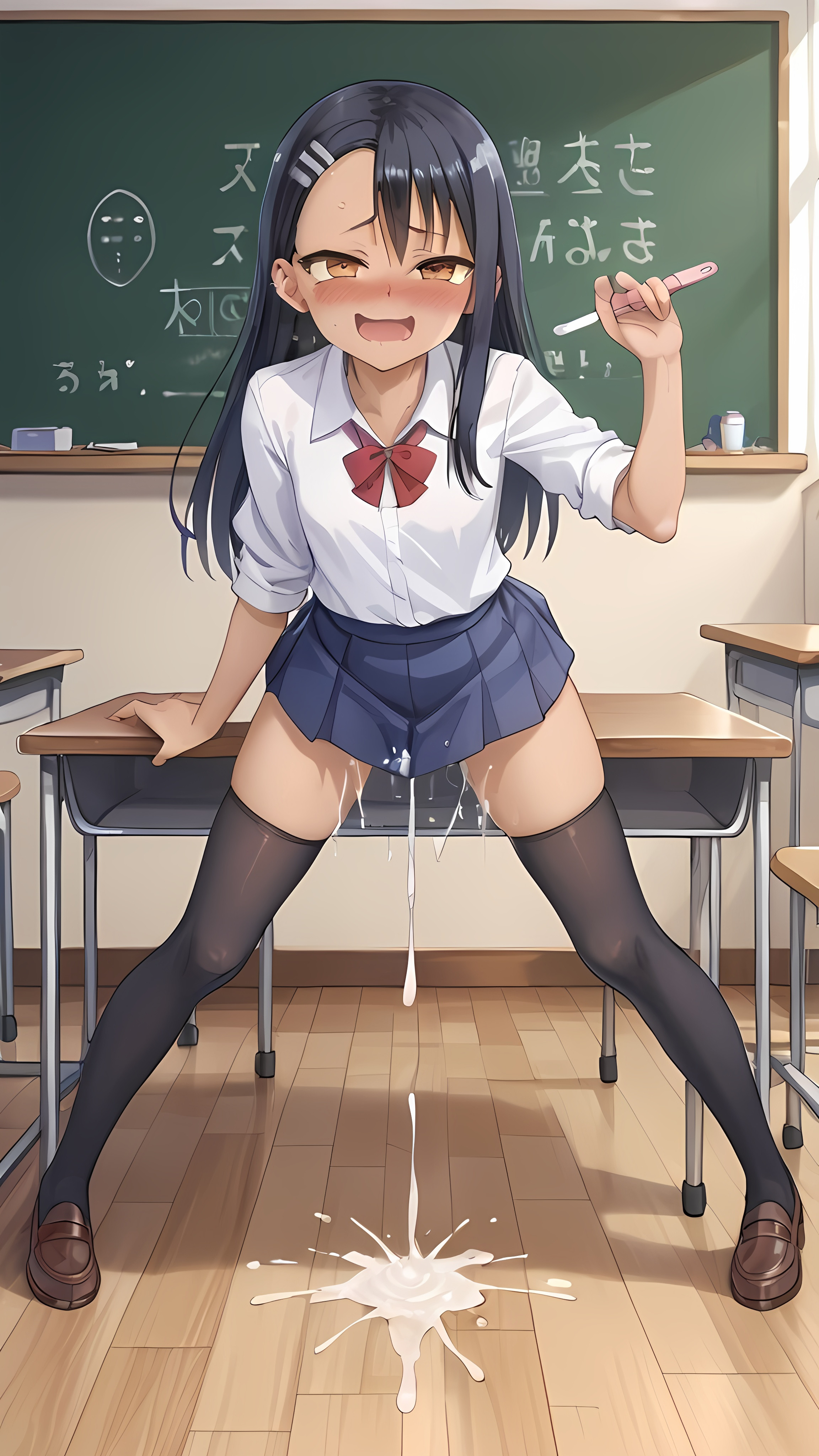 1girls, ai generated, black hair, blush, blushing at viewer, breeding, brown eyes, classroom, cum, cum drip, cum in pussy, cum inside, cum on clothes, female, hayase nagatoro, holding object, impregnation, long hair, looking at viewer, looking pleasured, miniskirt, please don't bully me, nagatoro, pregnancy test, pussy, school uniform, schoolgirl, skirt, smiling, solo, spread legs, tan-skinned female, teenager